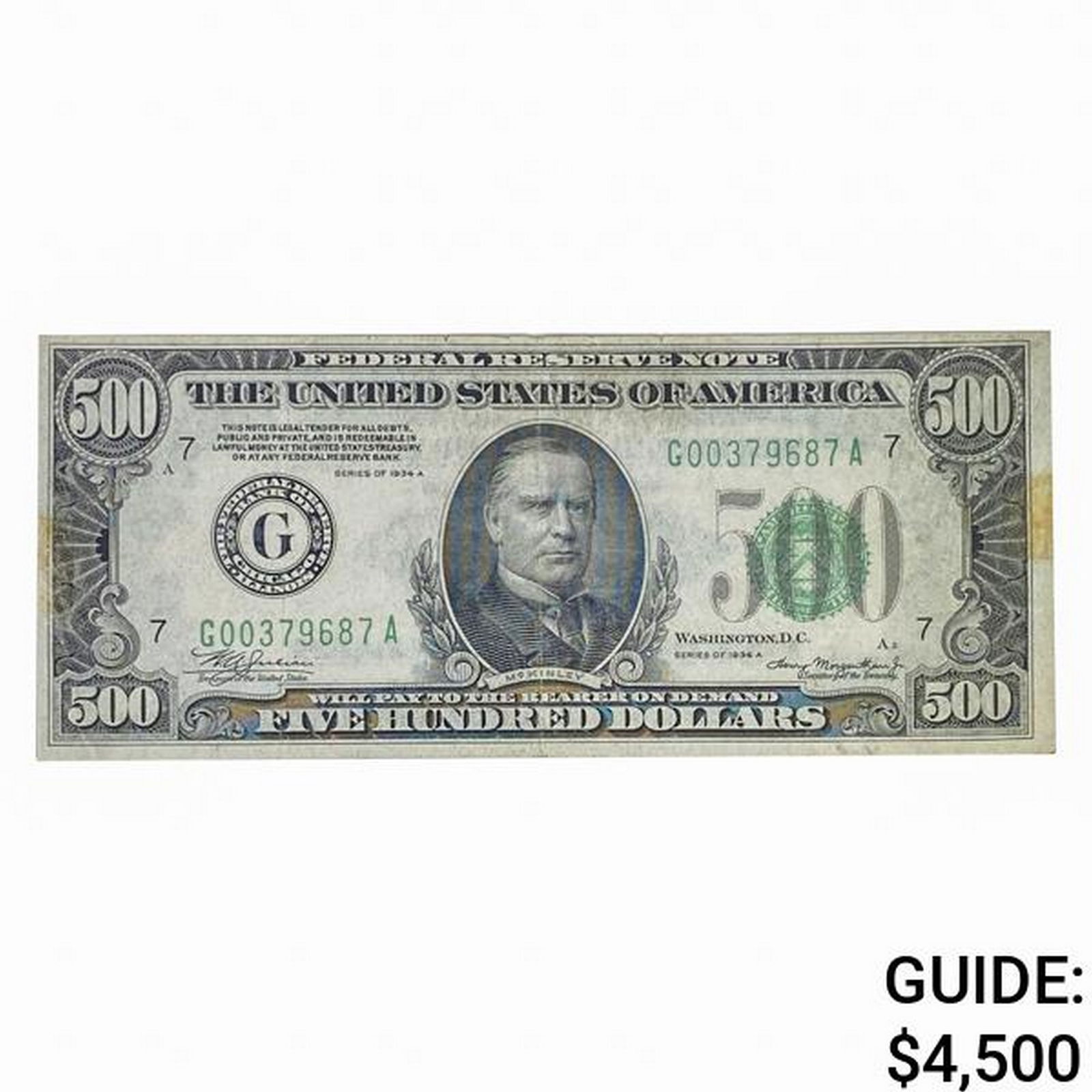 FR. 2202-G 1934-A $500 FIVE HUNDRED DOLLARS FRN FEDERAL RESERVE NOTE CHICAGO, IL EXTREMELY FINE (1 of 2)
