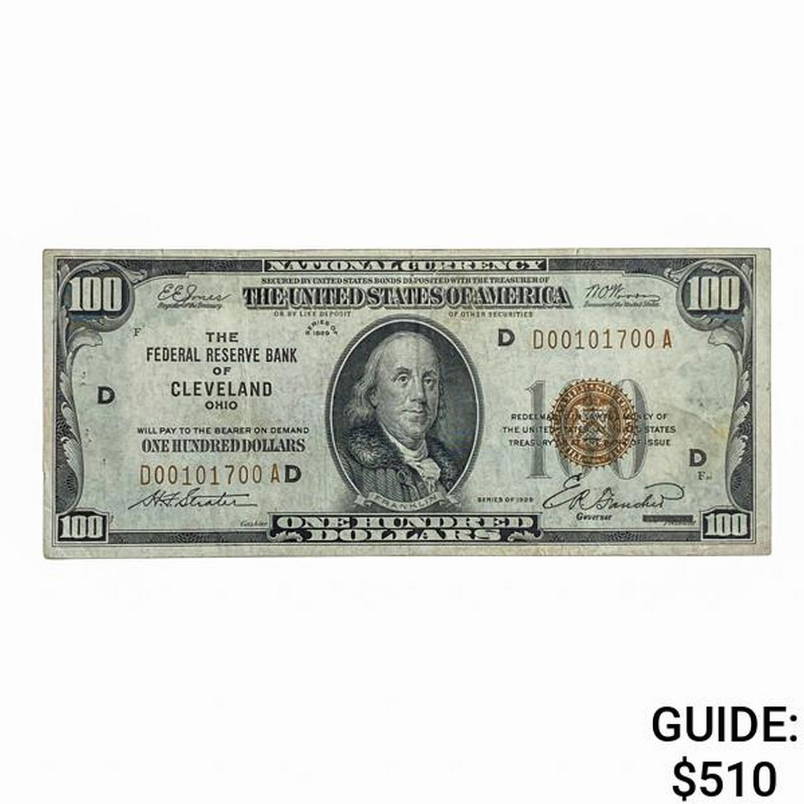 FR. 1890-D 1929 $100 ONE HUNDRED DOLLARS FRBN FEDERAL RESERVE BANK NOTE CLEVELAND, OH VERY FINE+ (1 of 2)