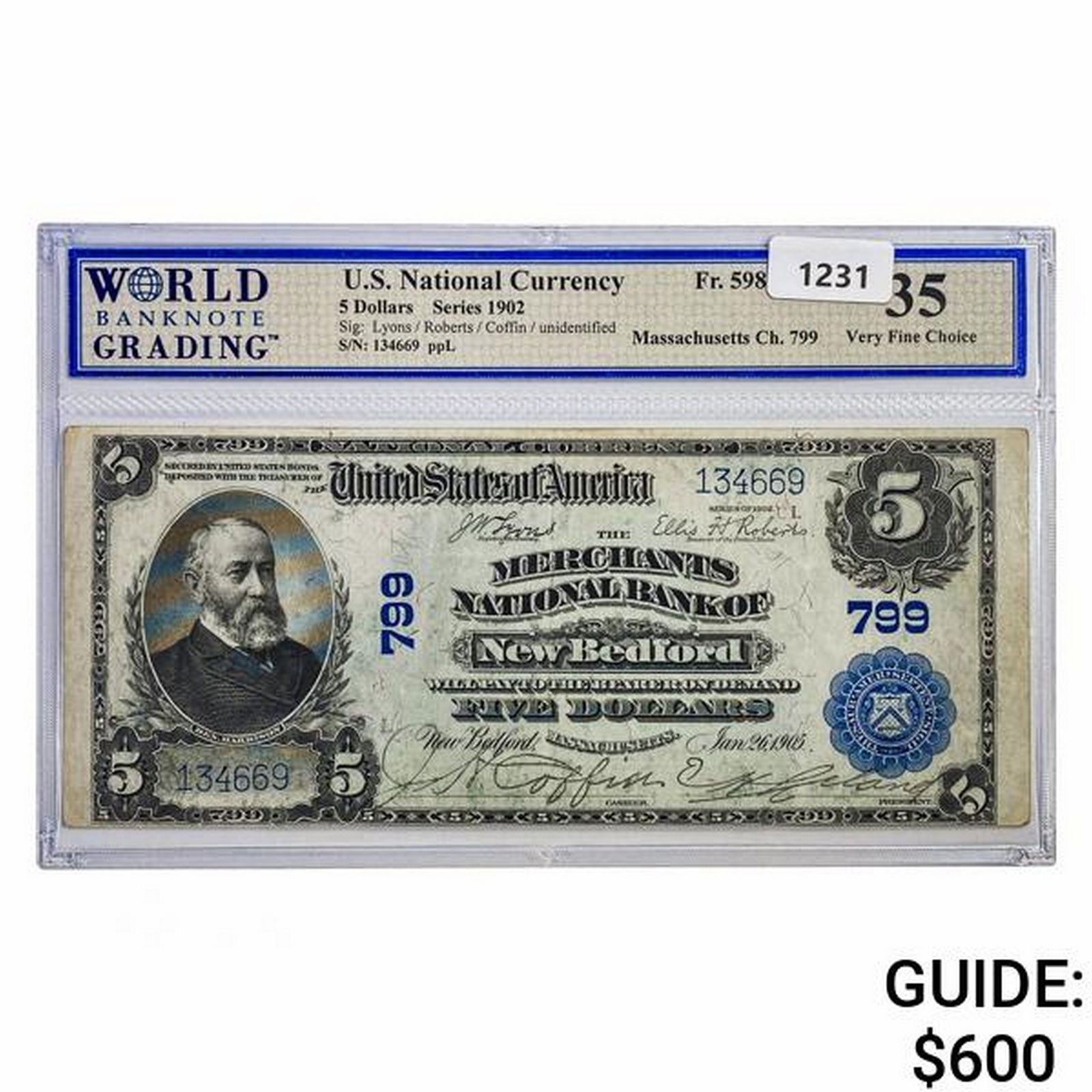 1902 $5 U.S. National Currency New Bedford FR. 598 WBG VF 35 (1 of 2)