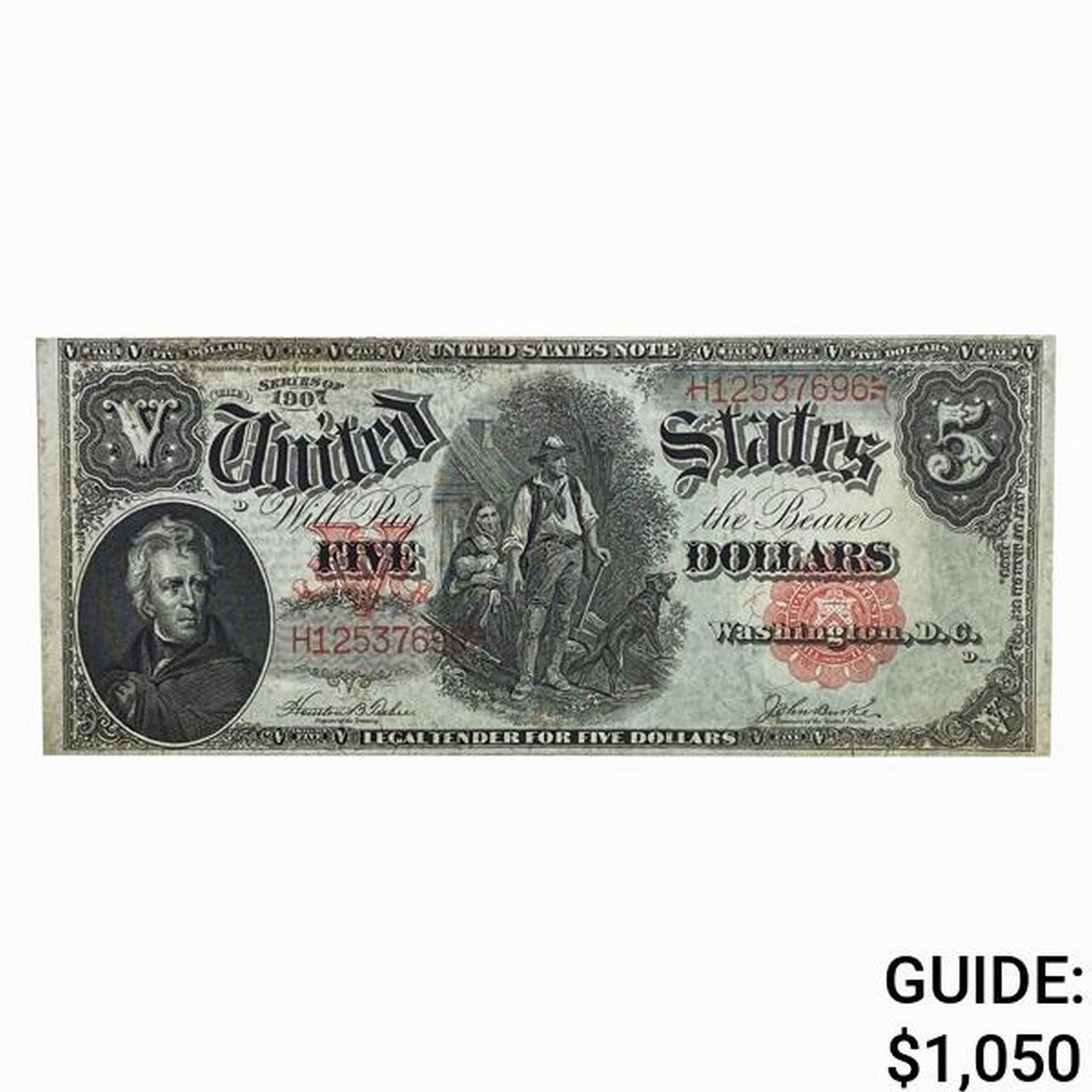 FR. 88 1907 $5 FIVE DOLLARS WOODCHOPPER LEGAL TENDER UNITED STATES NOTE ABOUT UNCIRCULATED (1 of 2)