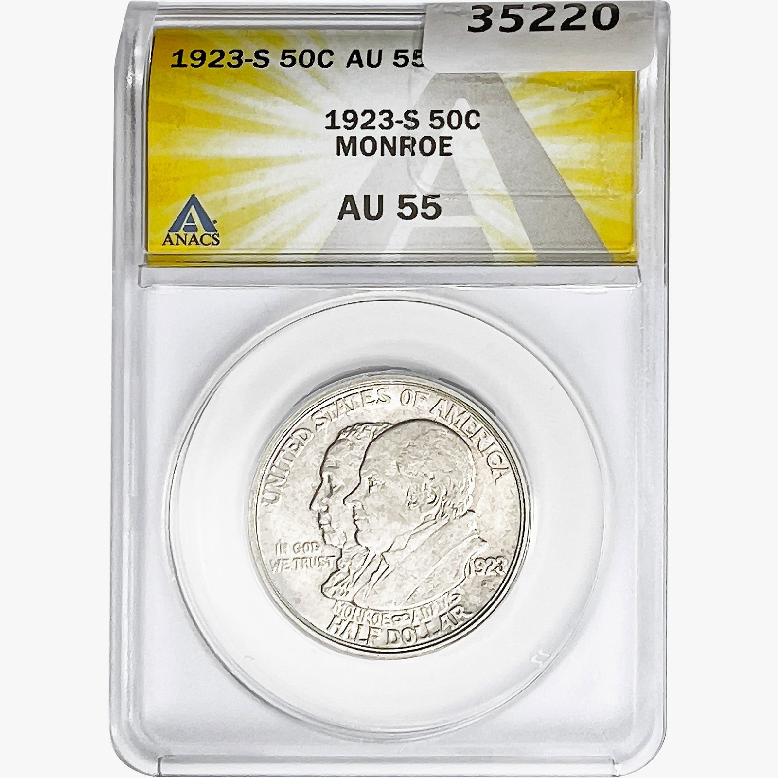 1923-S Monroe Half Dollar ANACS AU55: 1923-S Monroe Half Dollar ANACS AU55