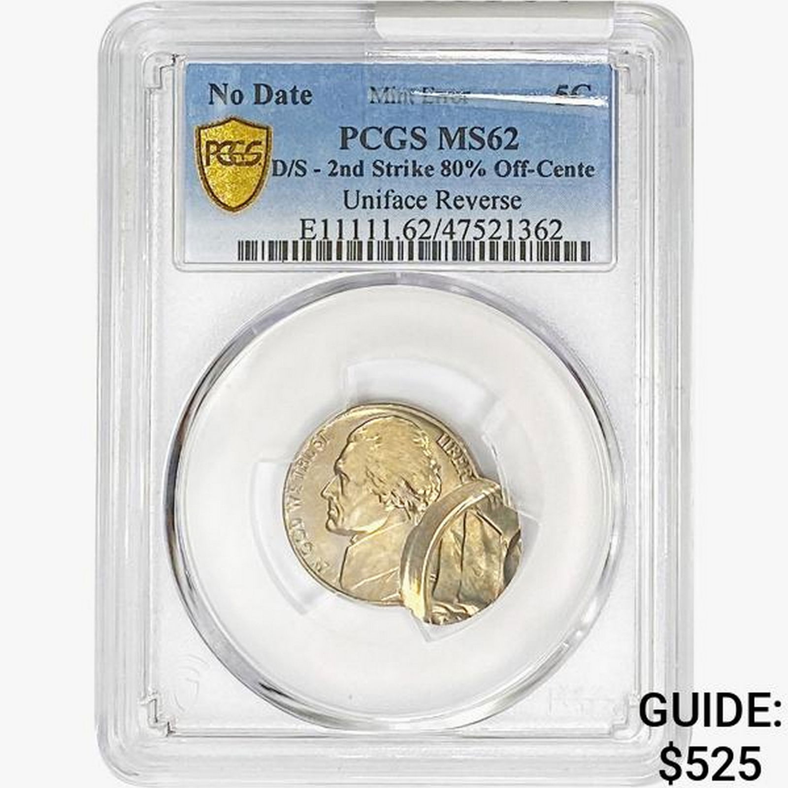 ND Mint Err 5C 2nd Strike 80% Off-Center PCGS MS62 (1 of 2)
