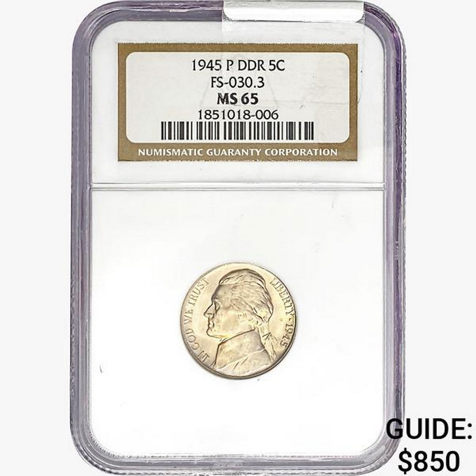 1945-P DDR Jefferson Nickel NGC MS65 FS-0303.3 (1 of 2)