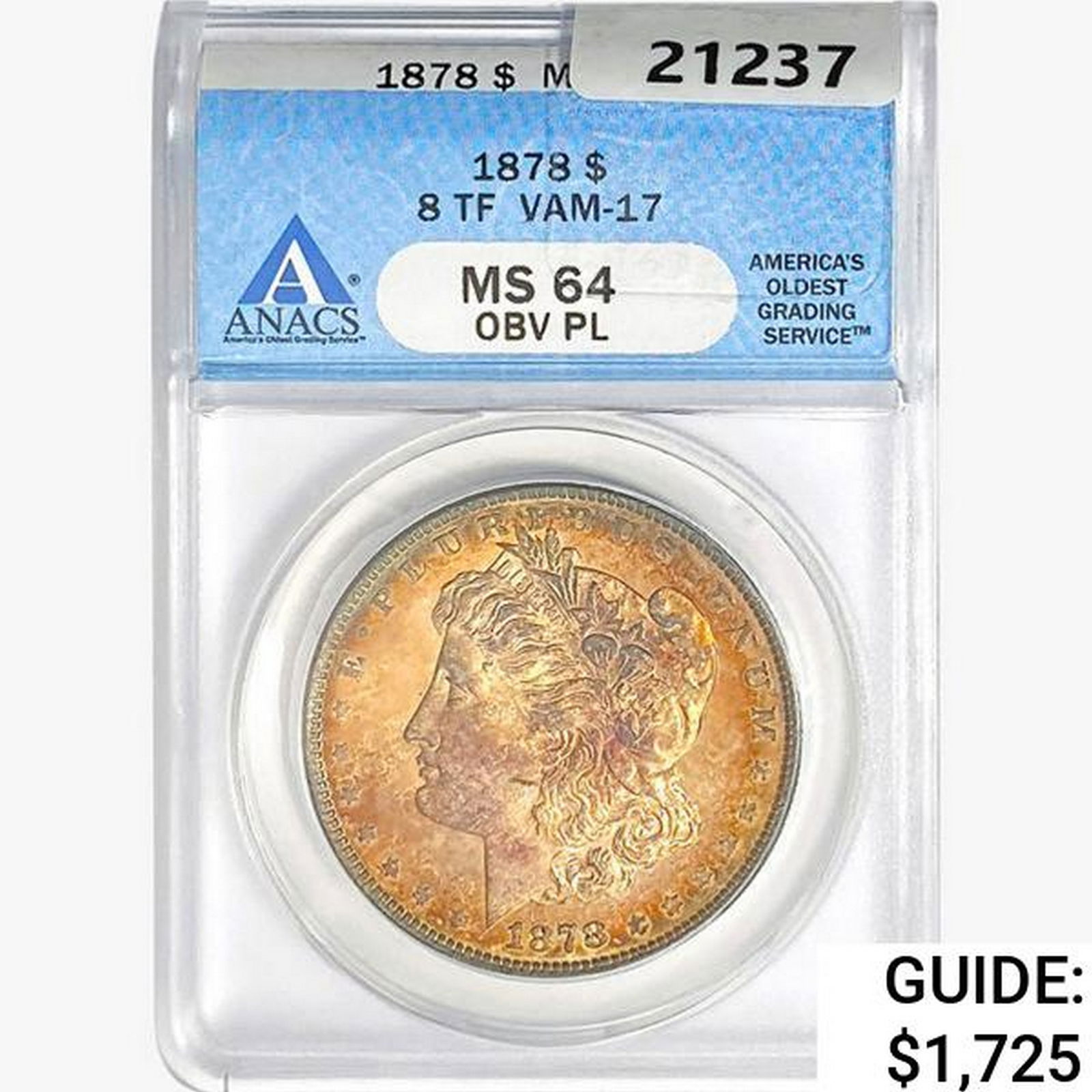 1878 8TF Morgan Silver Dollar ANACS MS64 OBV PL VAM-17 (1 of 2)