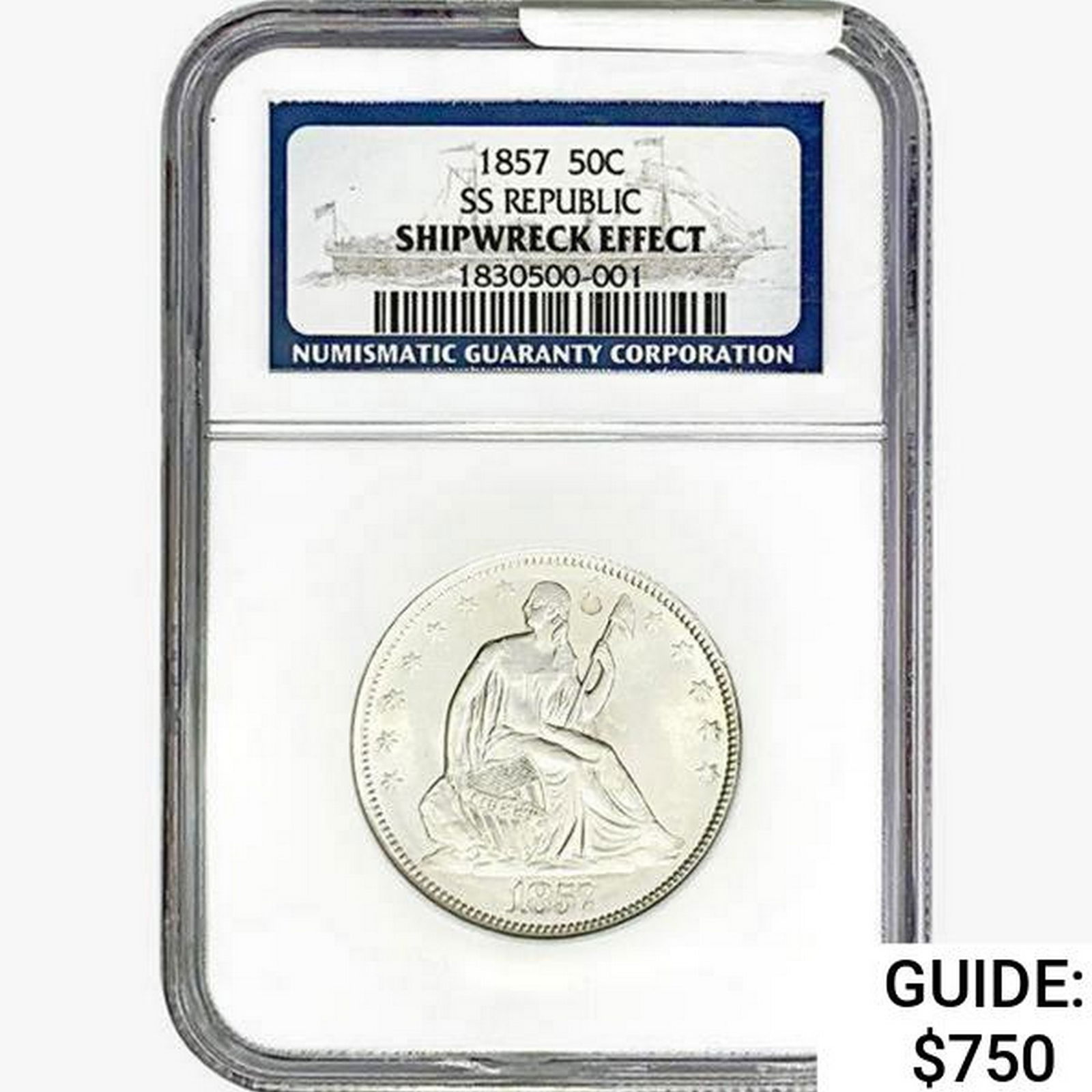 1857 Seated Lib. 50C NGC Shipwreck Effect SS REP. (1 of 2)
