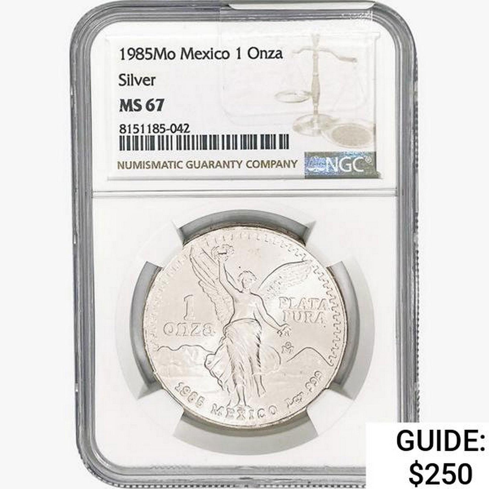 1985Mo 1oz. Silver Mexicanos Onza NGC MS67 (1 of 2)