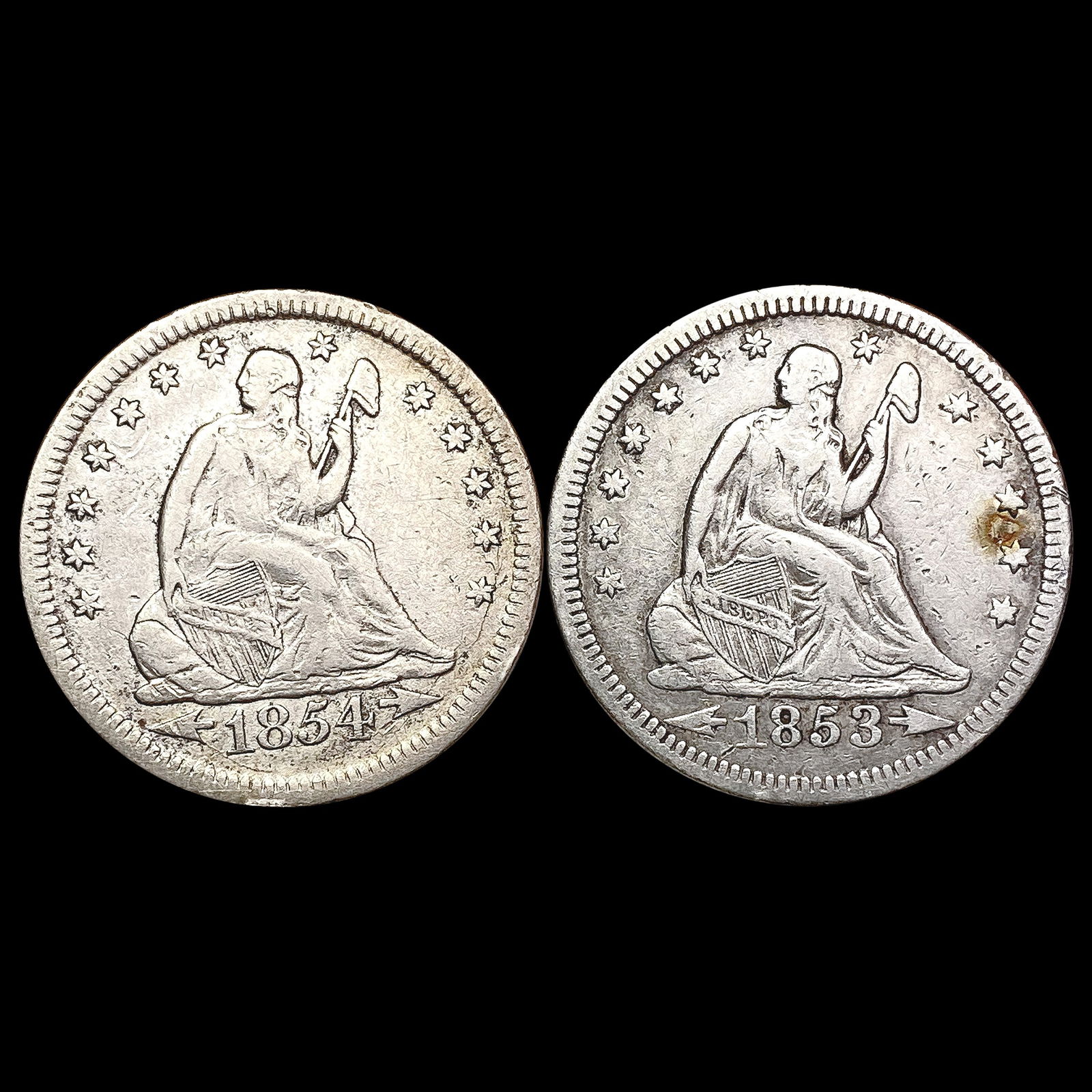 1853-1854 [2] Seated Liberty Quarter NEARLY UNCIRCULATED (1 of 2)