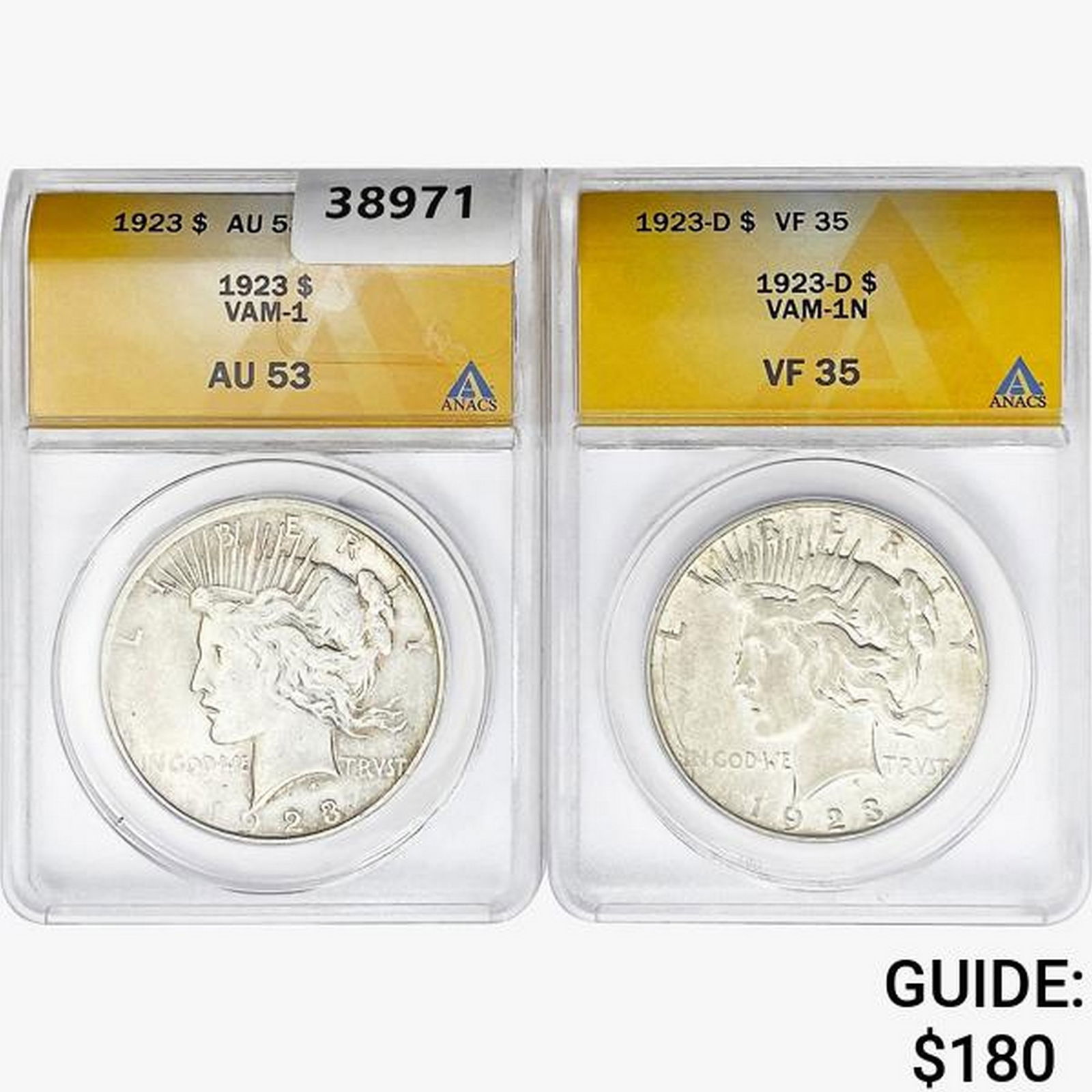 [2]1923 Silver Peace Dollar ANACS VF/AU35-53 (1 of 2)