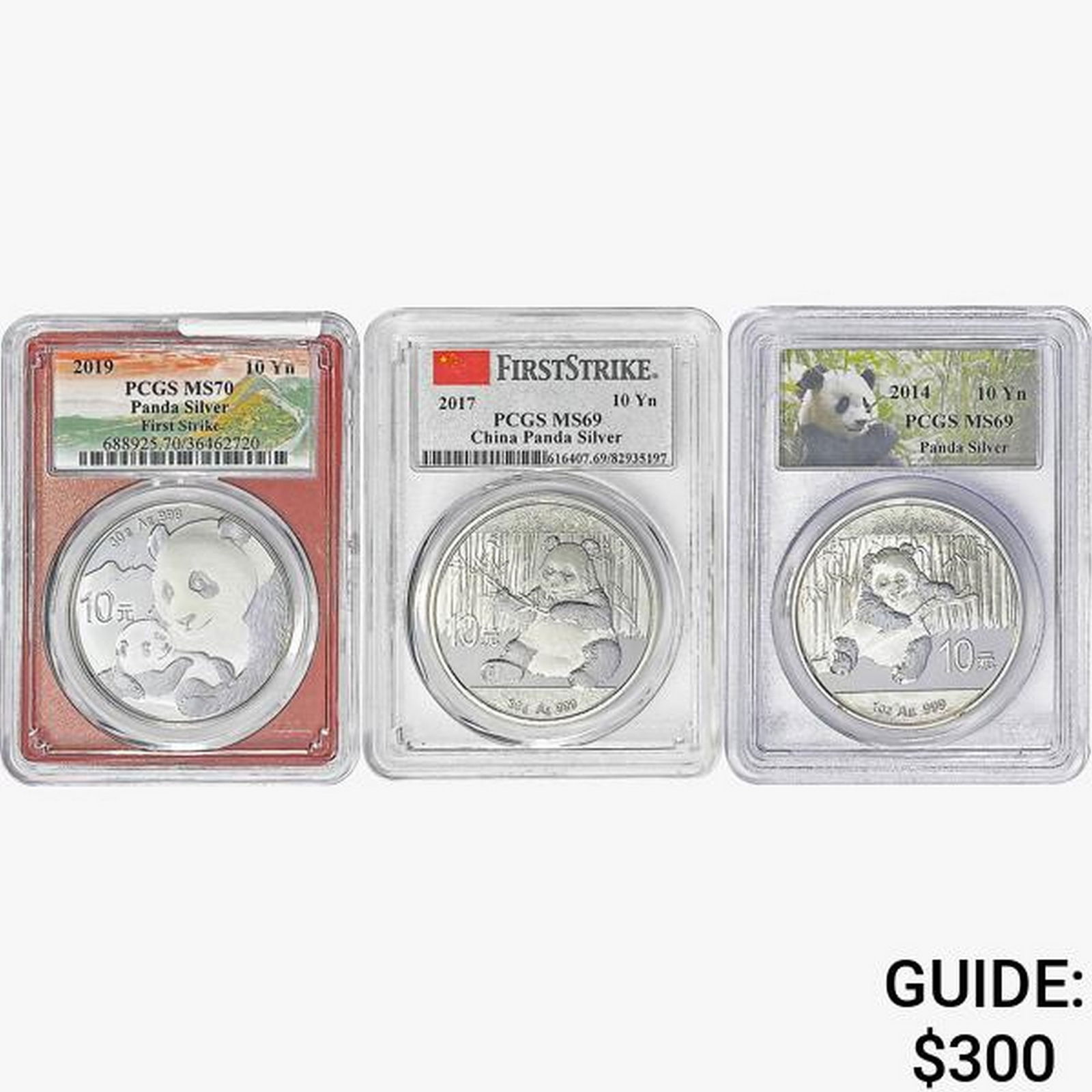 [3] 2014-2019 1oz Silver China Panda 10 Yuan PCGS MS69/70 (1 of 2)