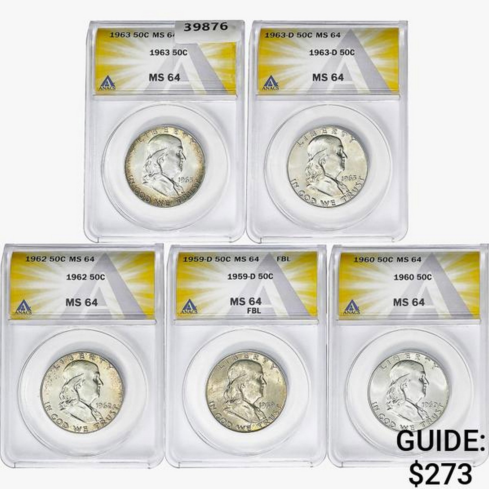 [5] 1959-1963 Franklin Half Dollar ANACS MS64: [5] 1959-1963 Franklin Half Dollar ANACS MS64