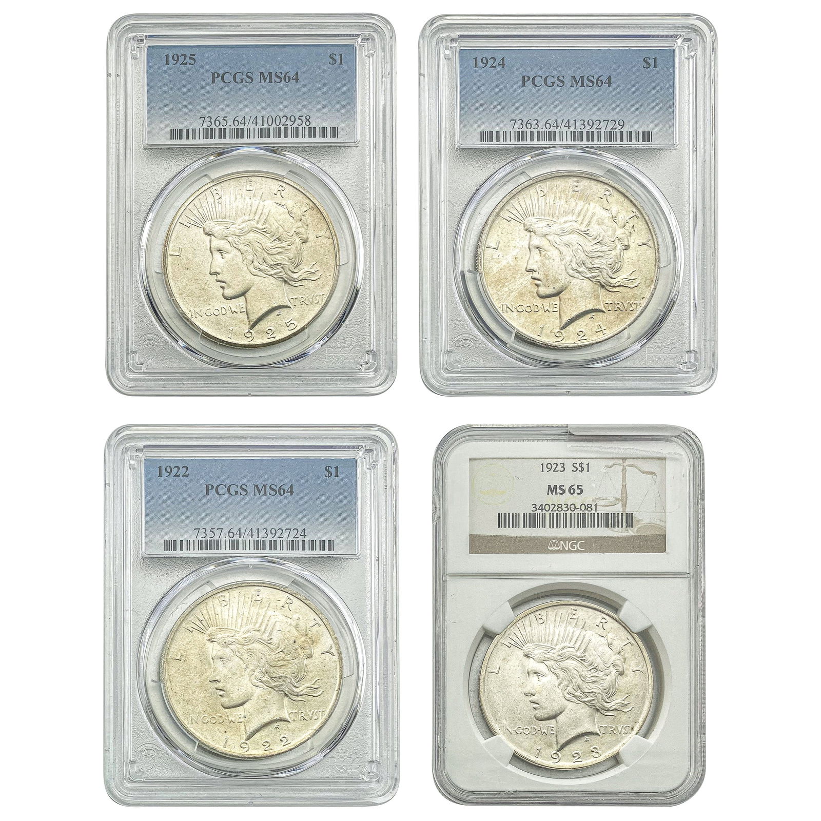 [4]1922-1925 Silver Peace Dollar NGC/PCGS MS64-65 (1 of 2)