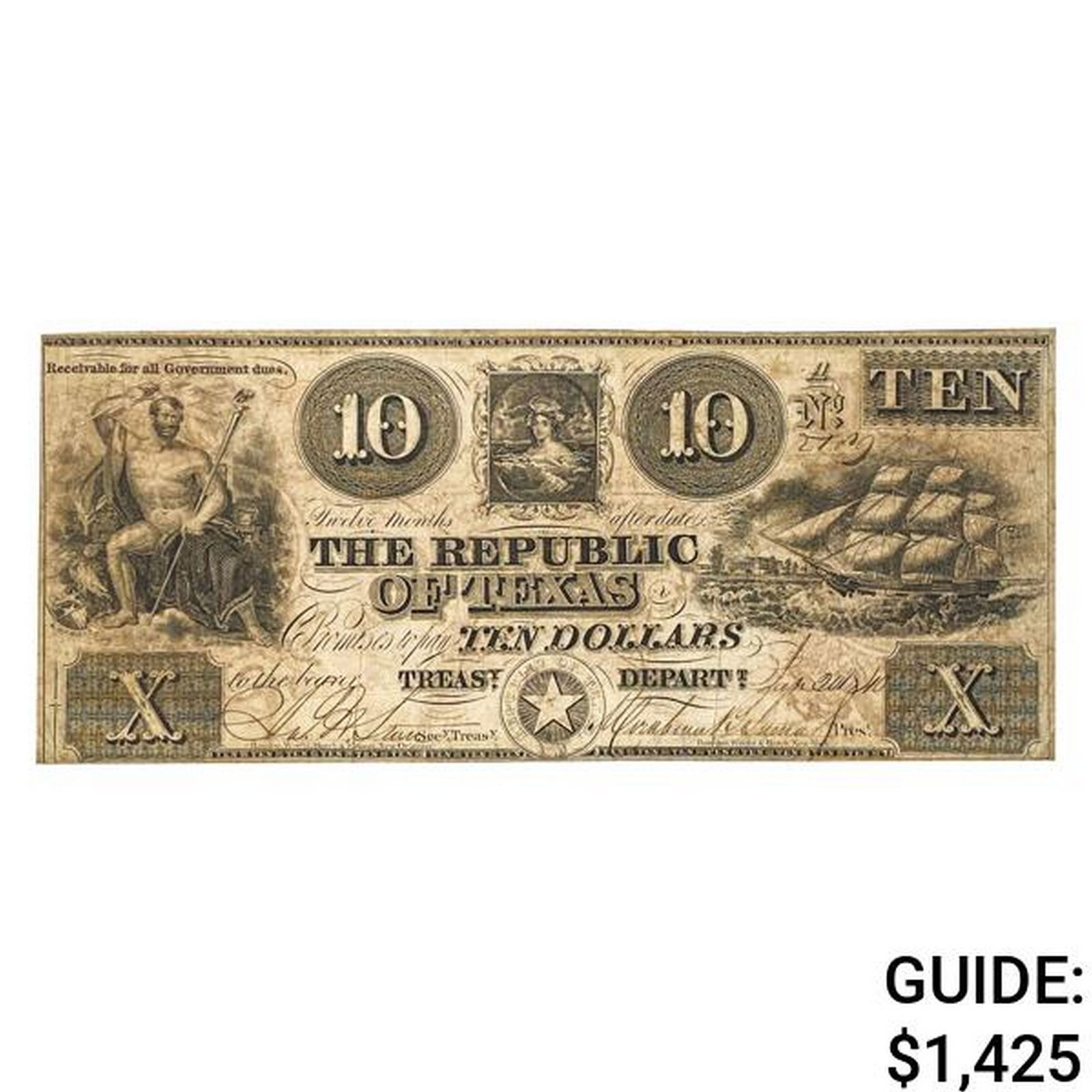 1840 $10 REPUBLIC OF TEXAS OBSOLETE NOTE VF+ (1 of 2)