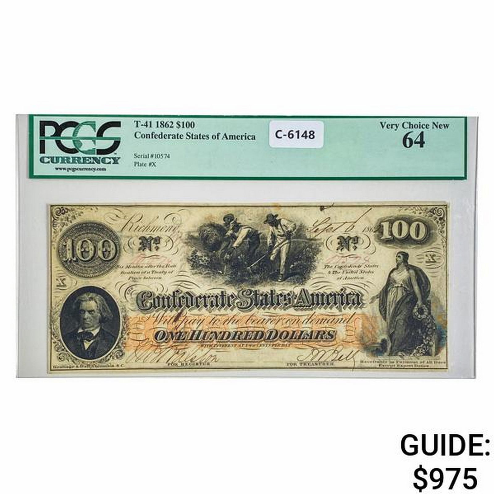 1862 $100 HOER CSA CONFEDERATE NOTE PCGS UNC-64: 1862 $100 HOER CSA CONFEDERATE NOTE PCGS UNC-64