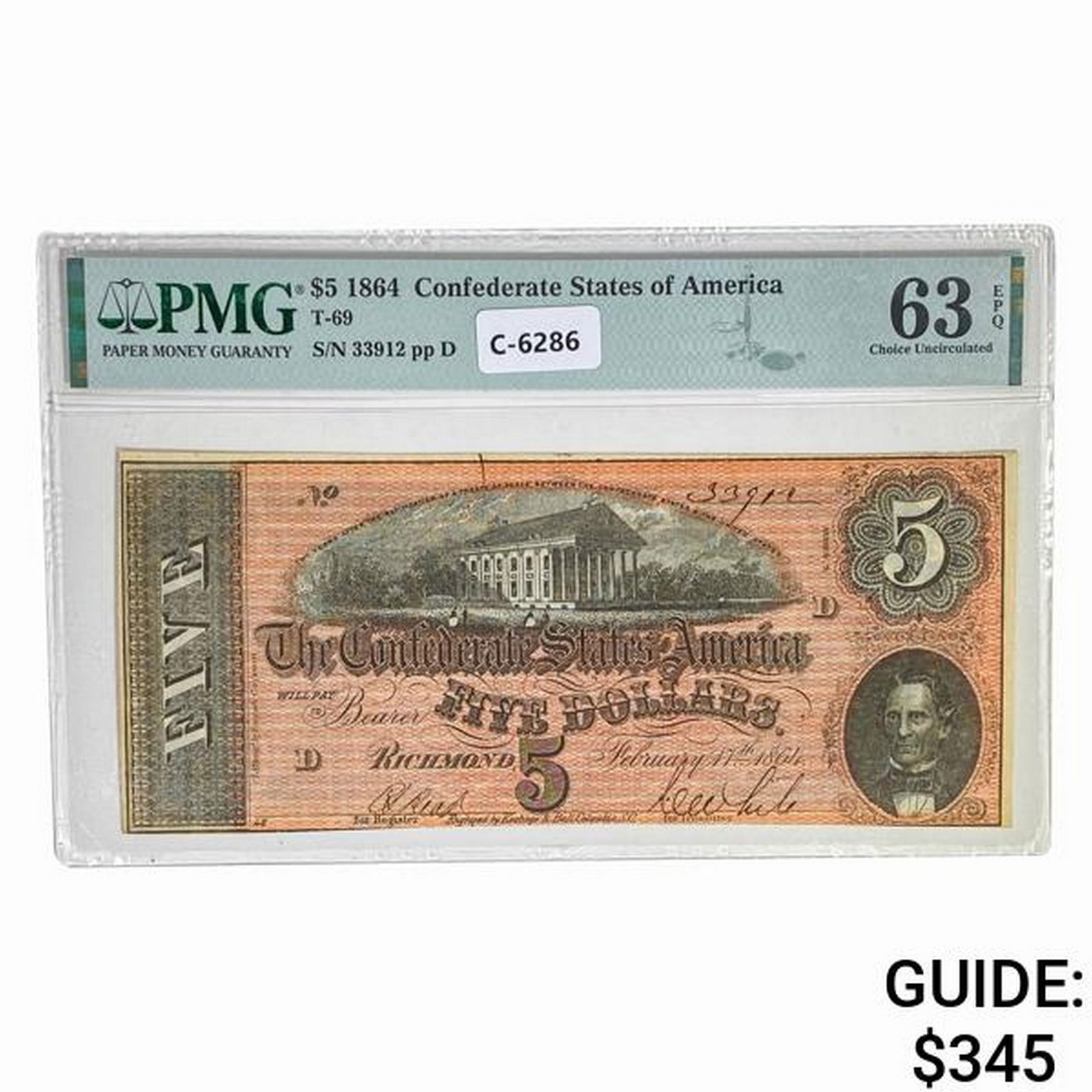 T-69 1864 $5 CSA CONFEDERATE NOTE PMG UNC-63EPQ (1 of 2)