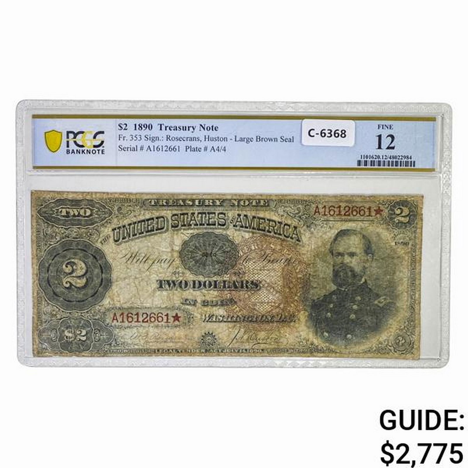 1890 $2 SHERIDAN ORNATE TREASURY NOTE PCGS F-12 (1 of 2)