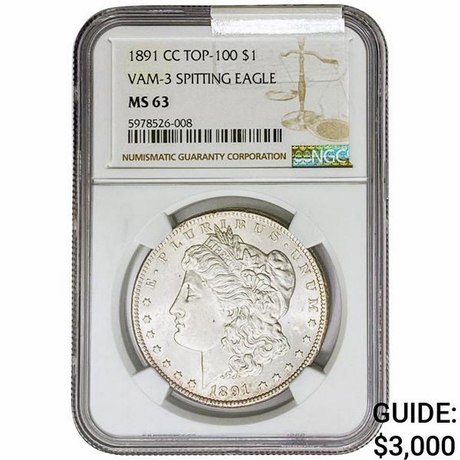 1891-CC Morgan Silver Dollar NGC MS63 VAM-3 Spit Eagle (1 of 2)