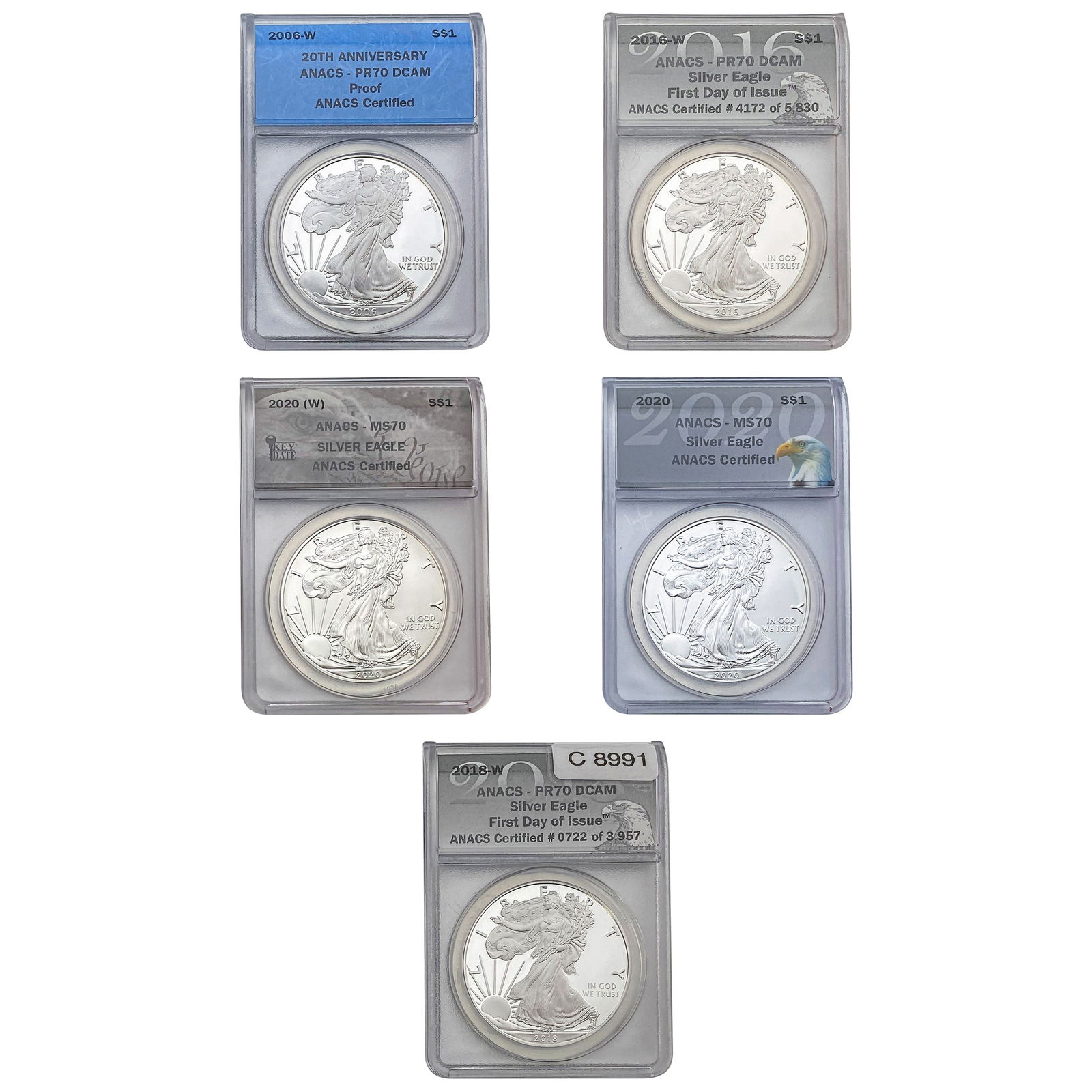 [5 Coins] 2006-2020 US Silver Eagle Lot ANACS MS/PR70 (1 of 2)