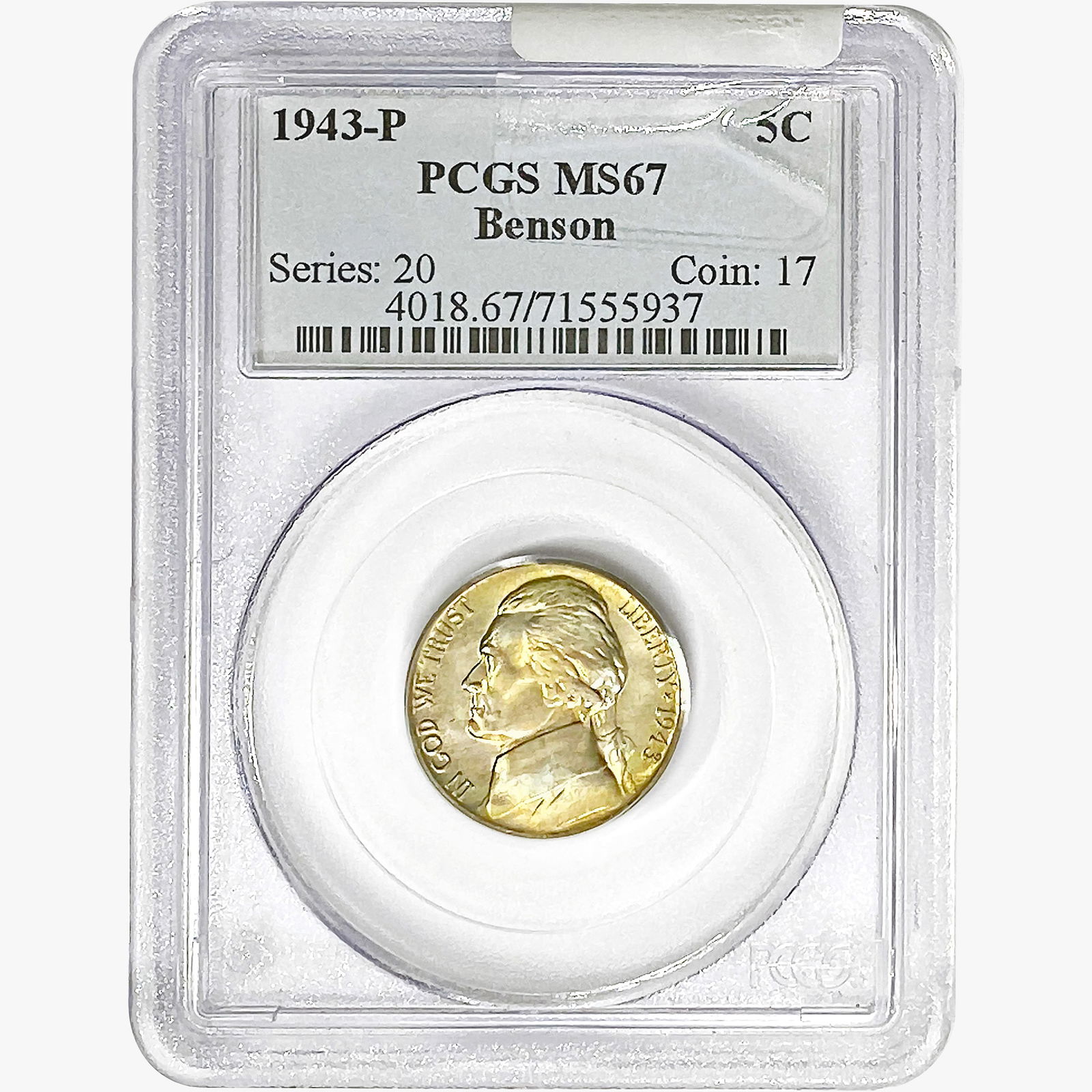 1943-P Jefferson Nickel PCGS MS67  Benson (1 of 2)