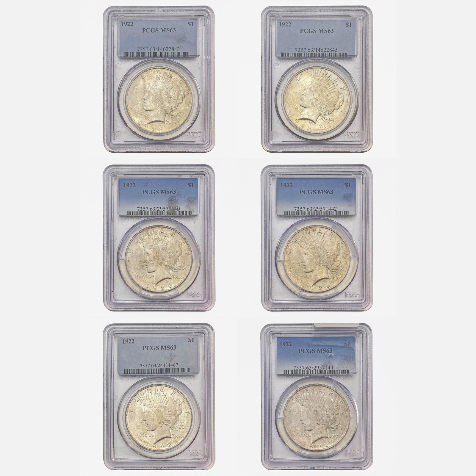 [6 Coins] 1922 BU Graded Peace Dollar Lot PCGS MS63 (1 of 2)