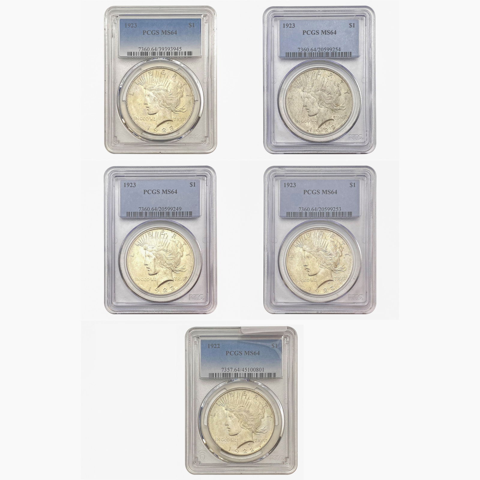 [5 Coins] 1922-1923 BU Graded Peace Dollar Lot PCGS MS64 (1 of 2)