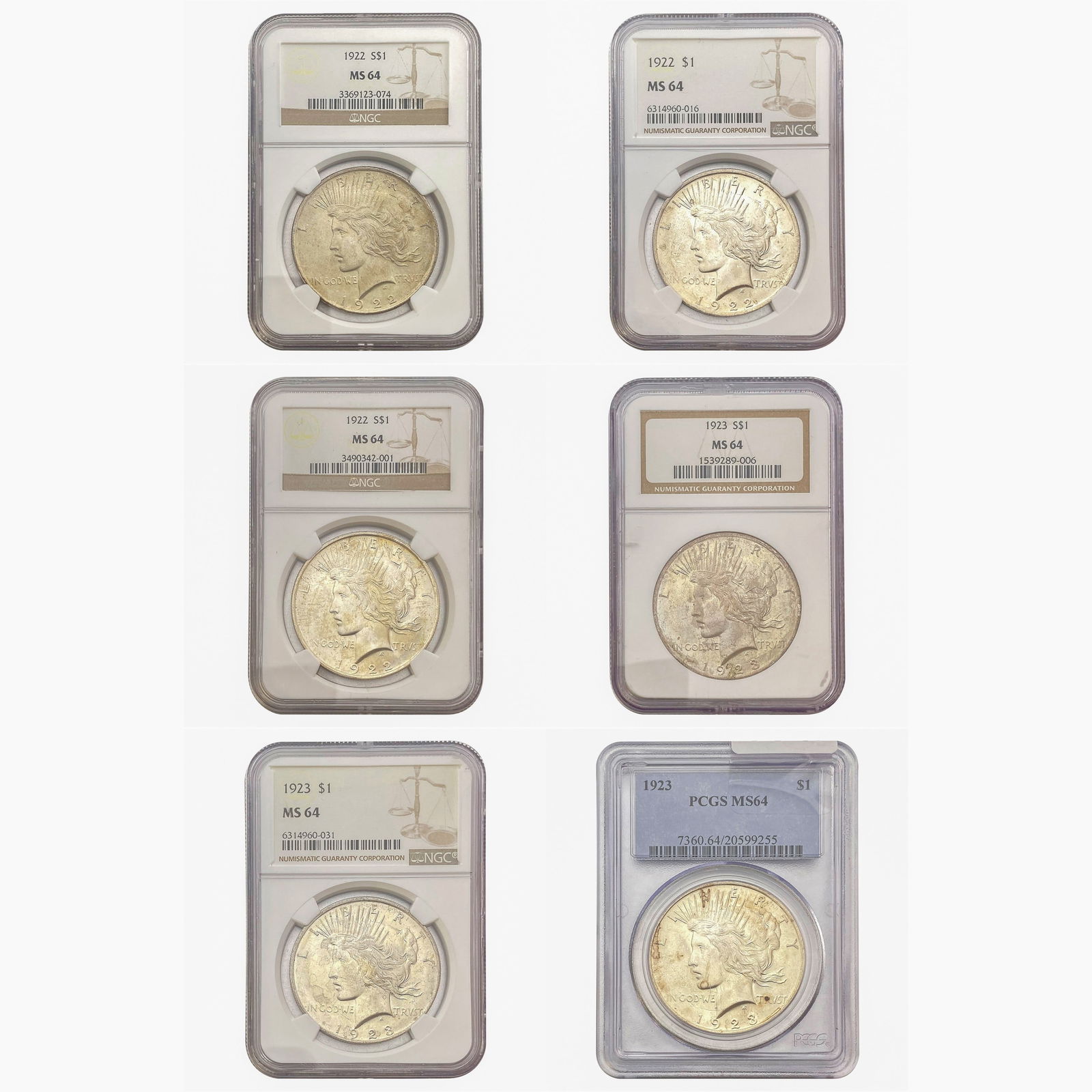[6 Coins] 1922-1923 BU Graded Peace Dollar Lot PCGS/NGC MS64 (1 of 2)