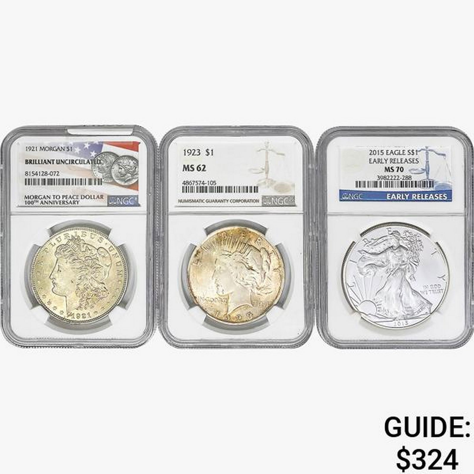 [3] 1921-2015 Various US Silver Dollar Coins NGC MS62/70 (1 of 2)