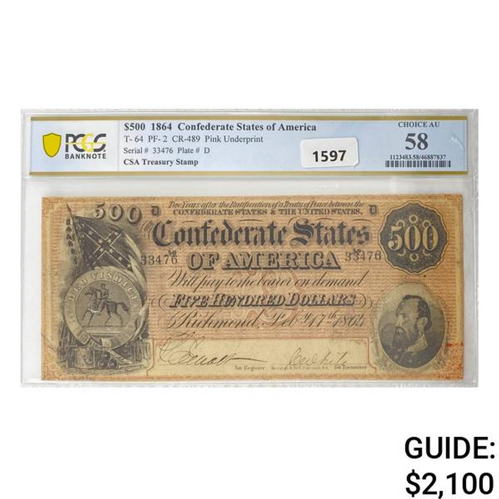 1864 $500 Confederate States of America PCGS 58 (1 of 2)