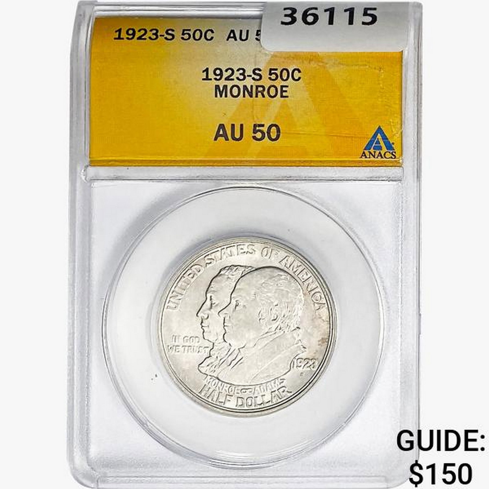 1923-S Monroe Half Dollar ANACS AU50: 1923-S Monroe Half Dollar ANACS AU50