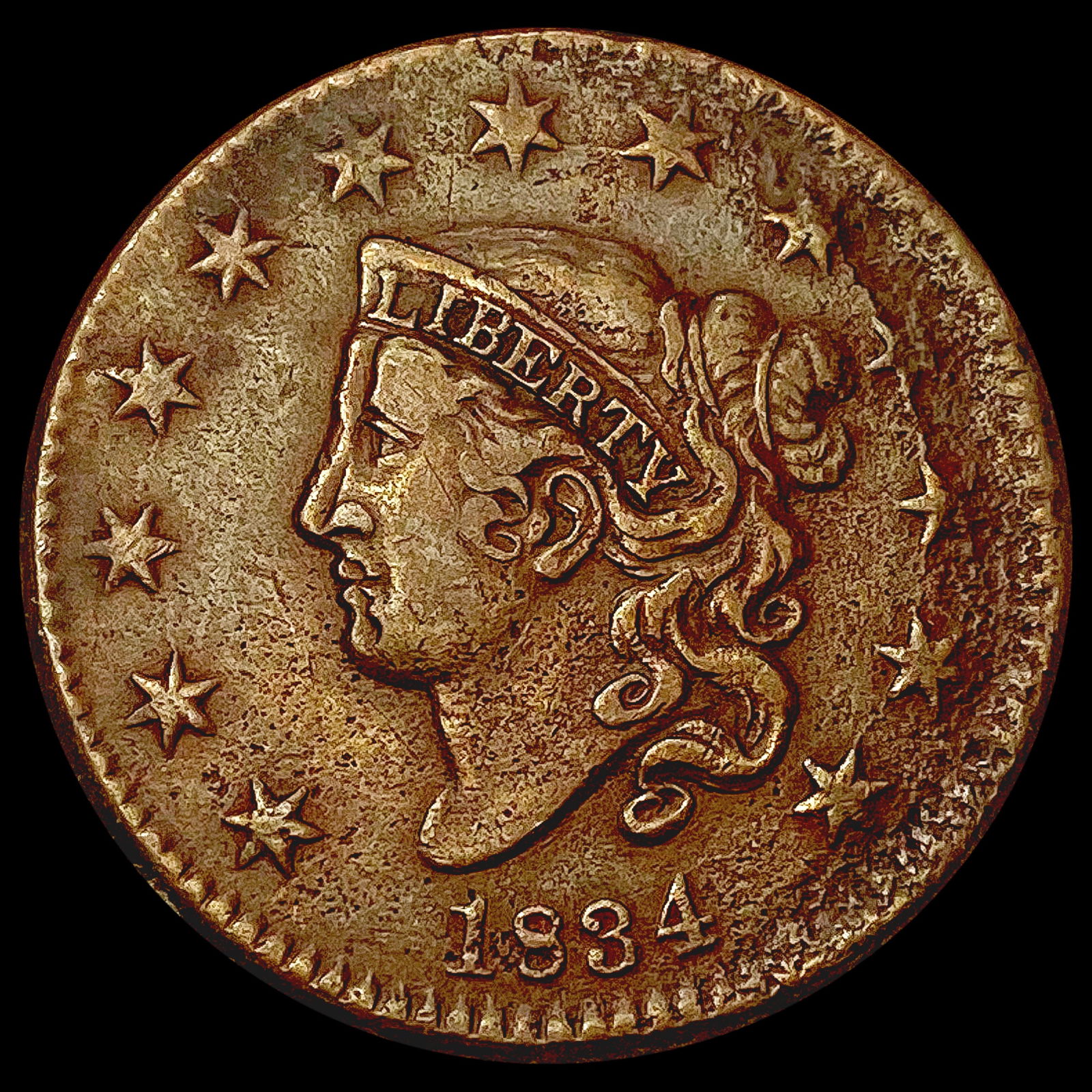 1834 Dbl Profile Coronet Head Large Cent ABOUT UNCIRCULATED (1 of 2)