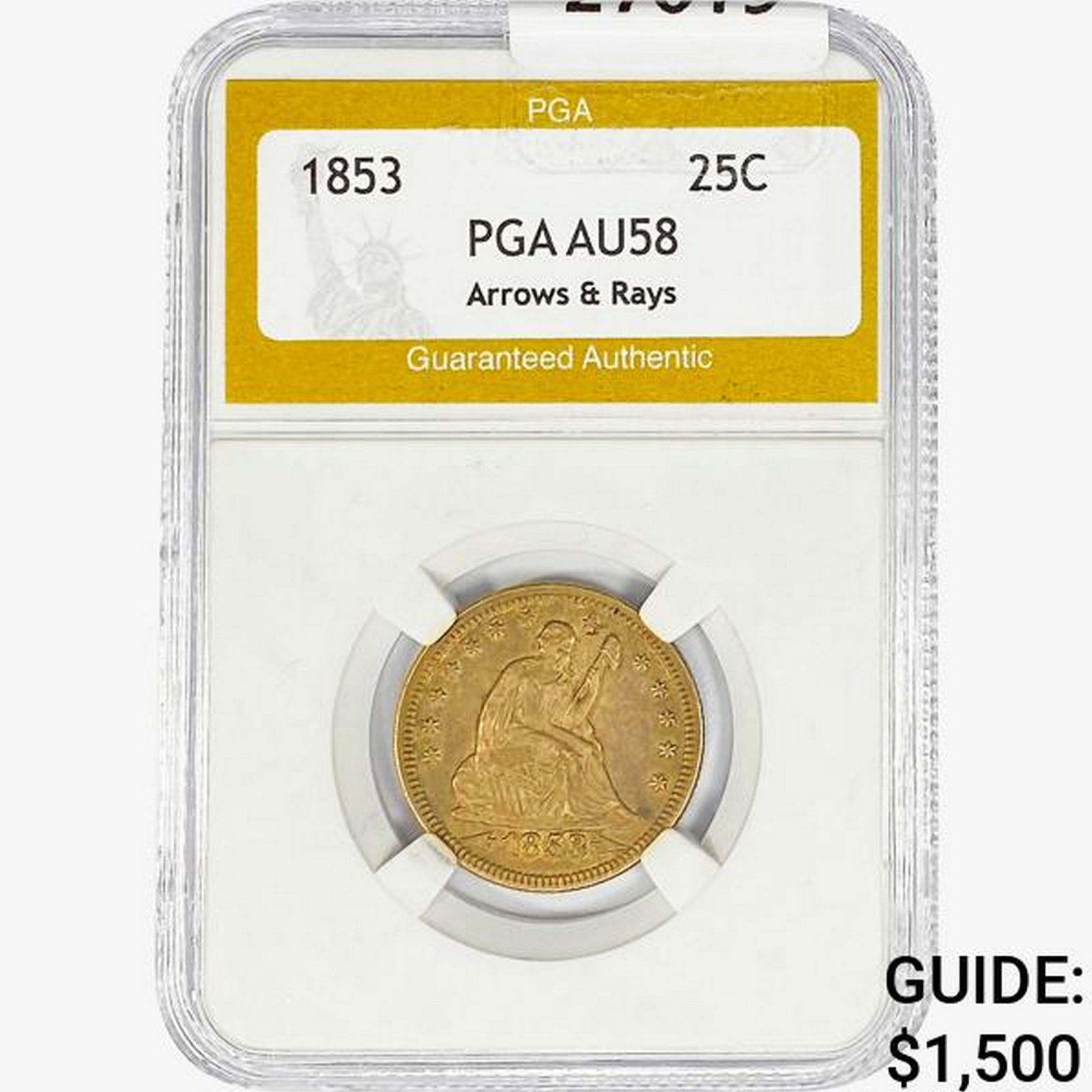 1853 Seated Liberty Quarter PGA AU58 Arrows & Rays (1 of 2)