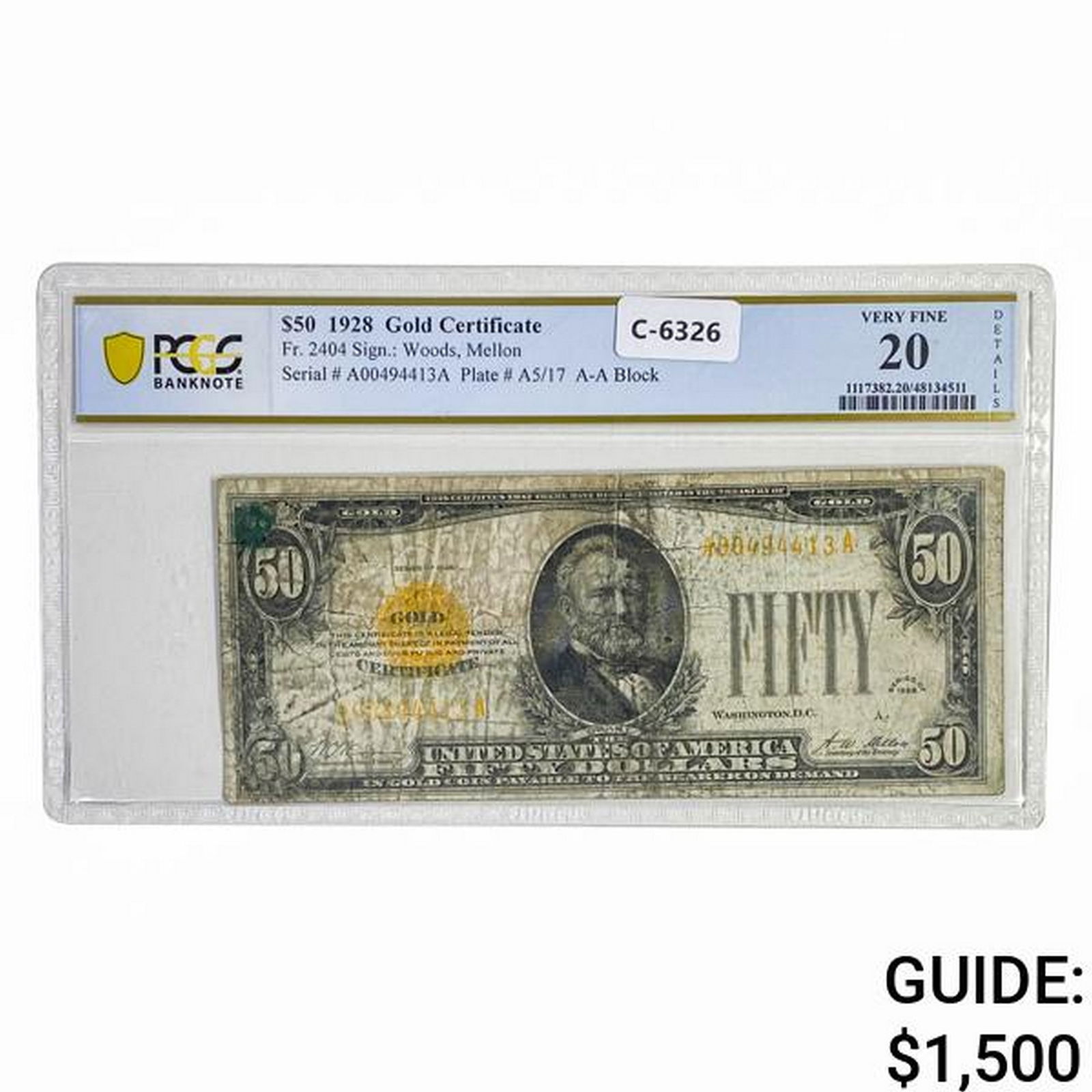 FR. 2404 1928 $50 GOLD CERTIFICATE PCGS VF-20 (1 of 2)