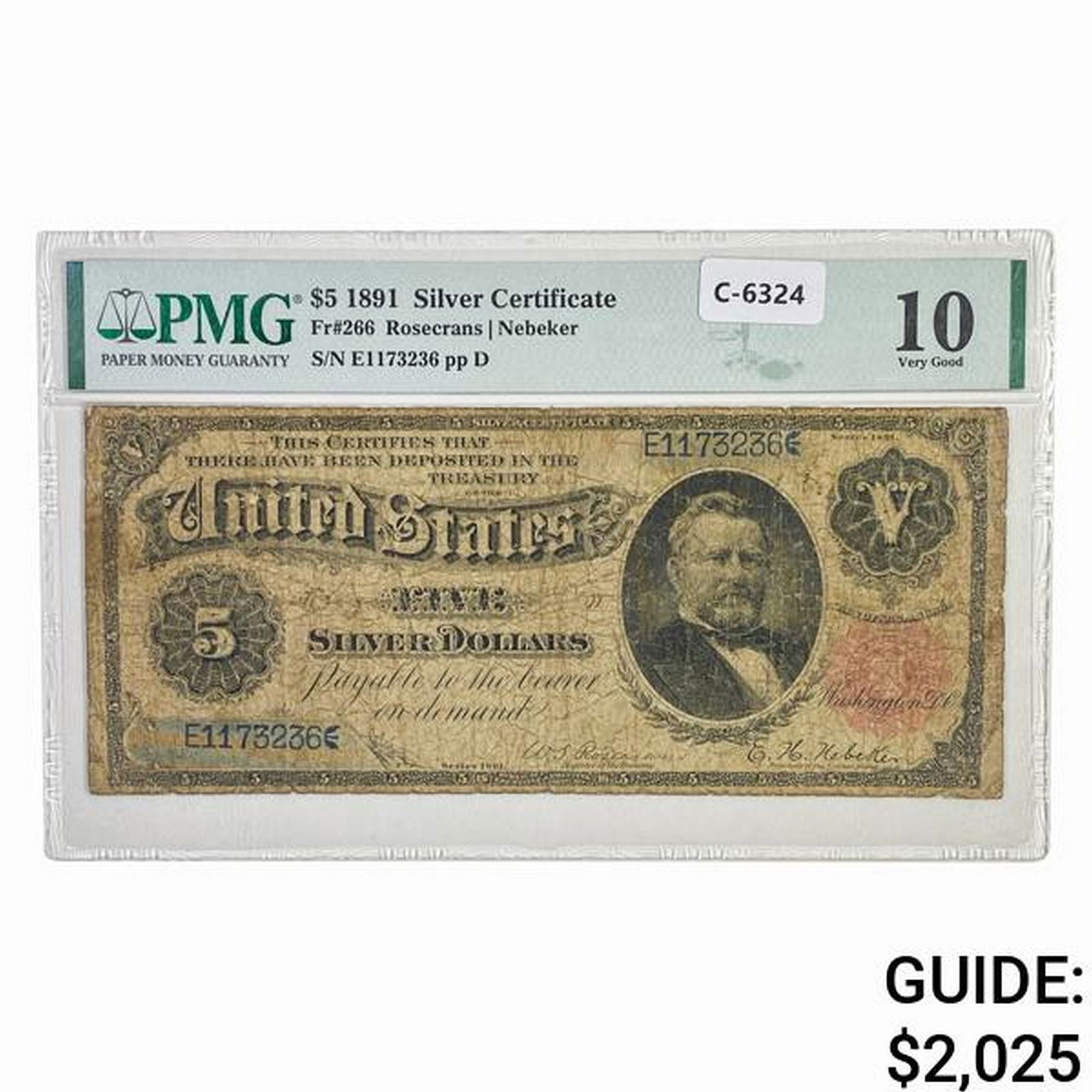 1891 $5 GRANT SILVER CERTIFICATE PMG VG-10 (1 of 2)