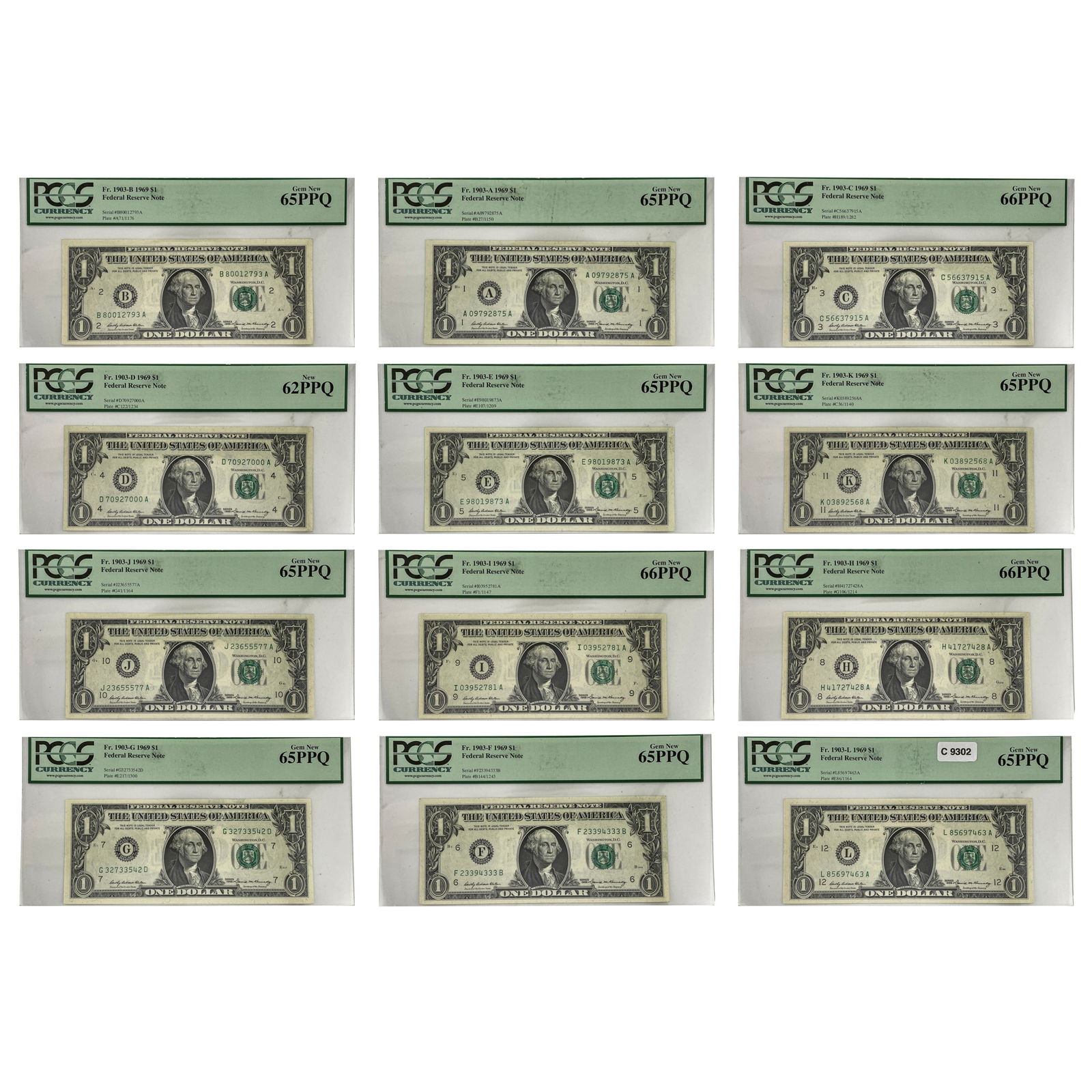 1969 [12] 1903-L 1969 $1 Federal Reserve  PCGS Gem New65-66 PPQ (1 of 4)