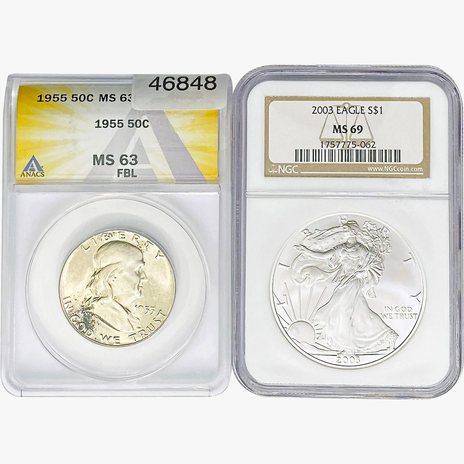 [2] 1955&2003 50C Franklin Coin, $1 Silver Eagle Coin MS63/69: [2] 1955&2003 50C Franklin Coin, $1 Silver Eagle Coin MS63/69