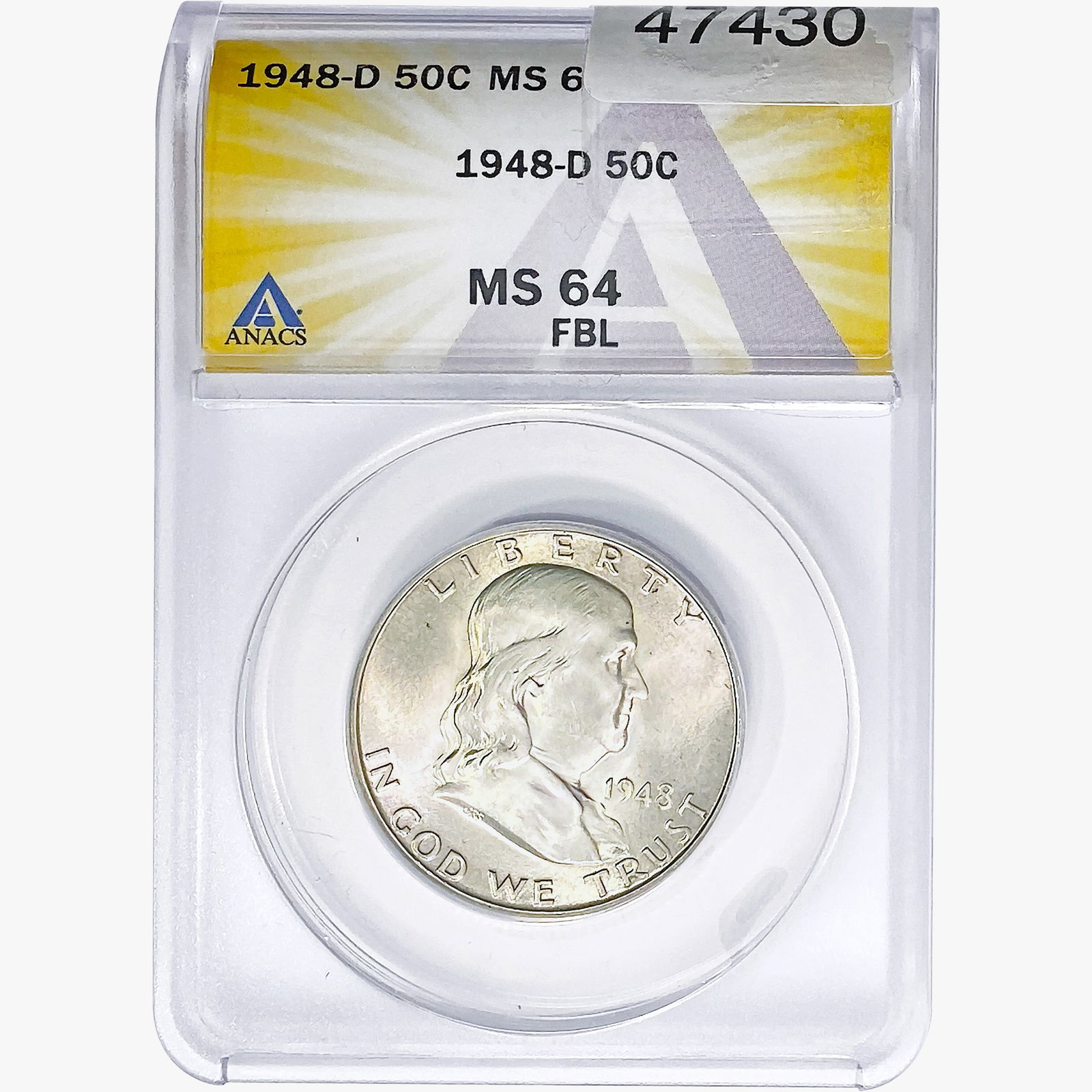 1948-D Franklin Half Dollar ANACS MS64 FBL: 1948-D Franklin Half Dollar ANACS MS64 FBL