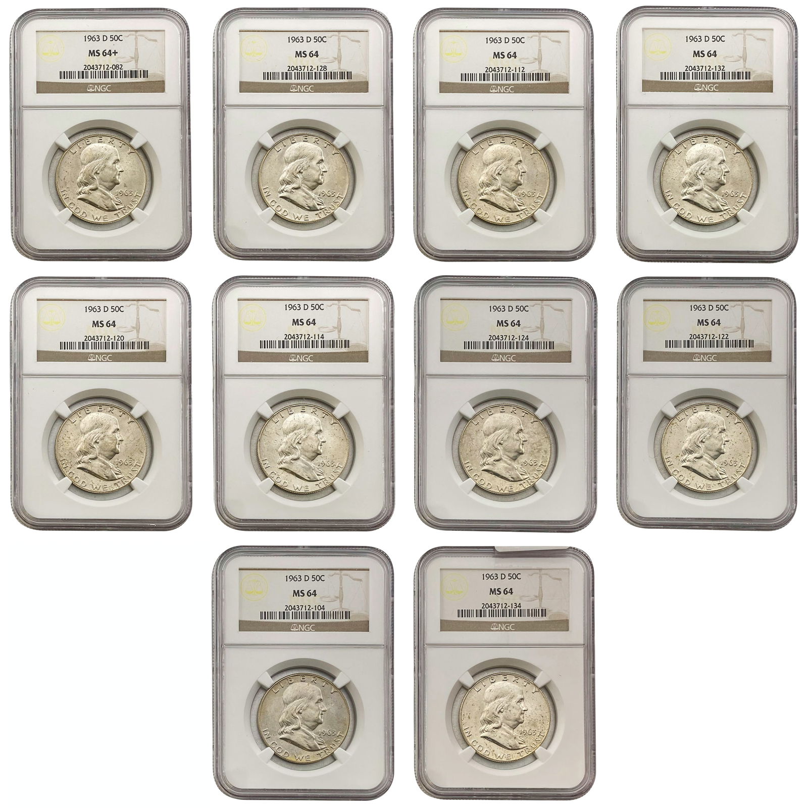[10] 1963-D Franklin Half Dollar Lot [10 Coins] NGC MS64 (1 of 2)