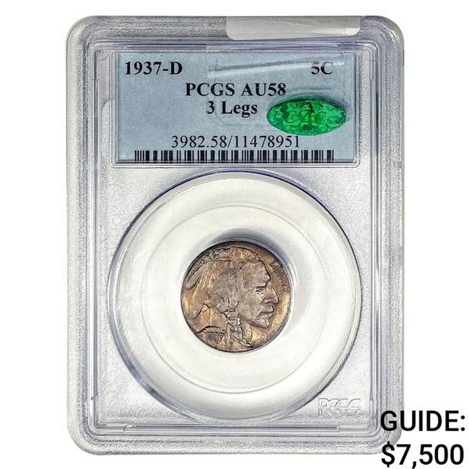 1937-D CAC Buffalo Nickel PCGS AU58 3 Legs (1 of 2)