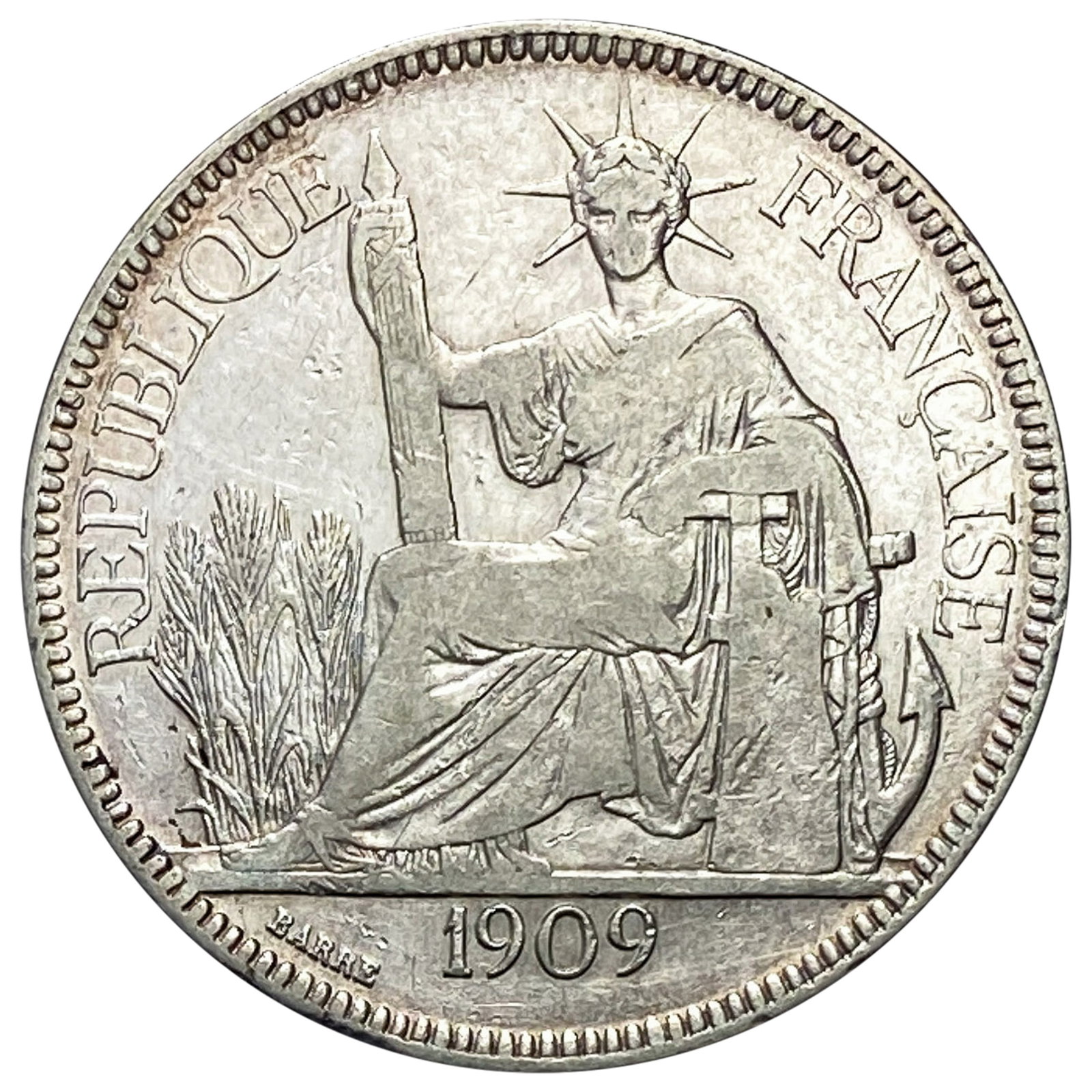 1909 French Indochina Silver Piastre XF: 1909 French Indochina Silver Piastre XF