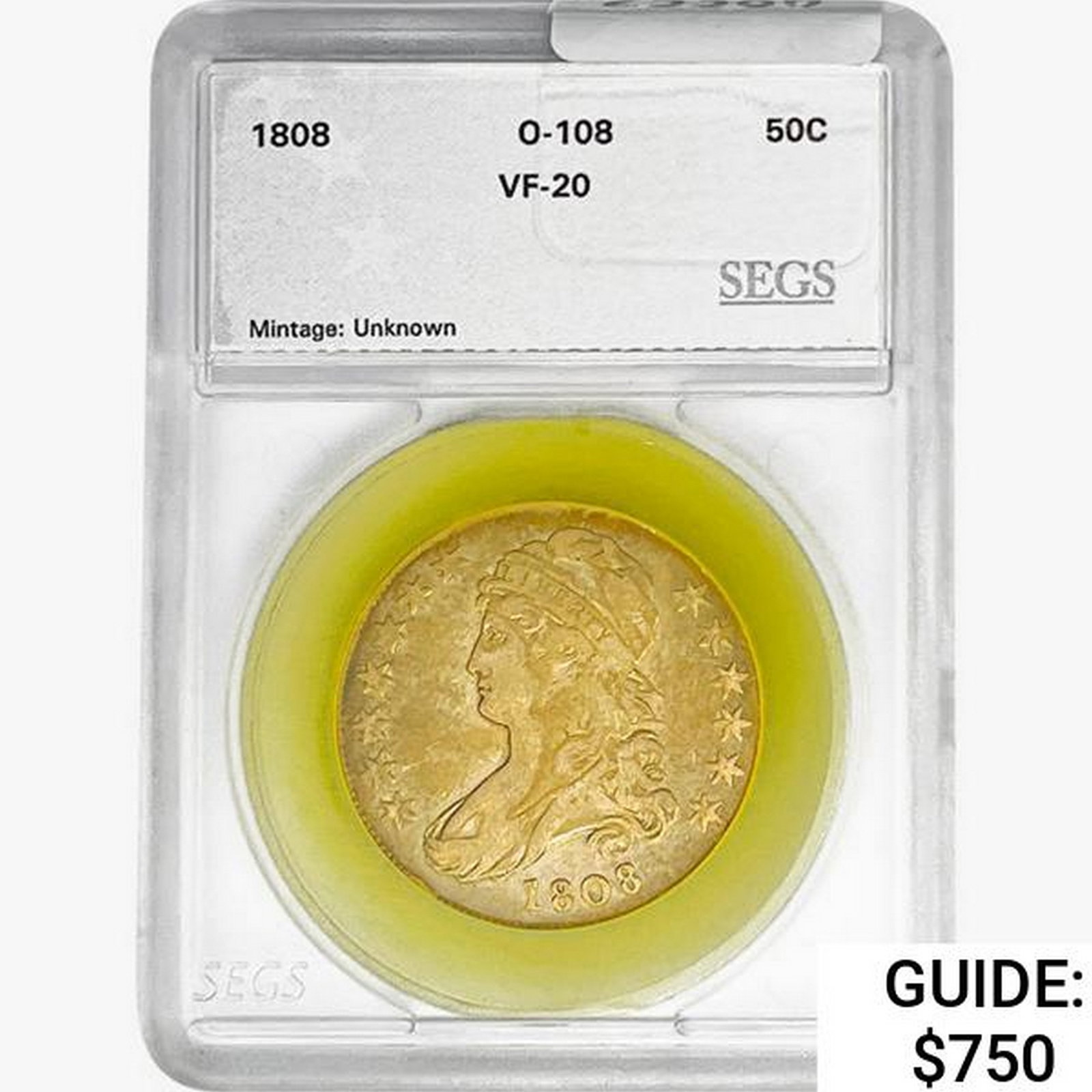 1808 Capped Bust Half Dollar SEGS VF20 O-108: 1808 Capped Bust Half Dollar SEGS VF20 O-108