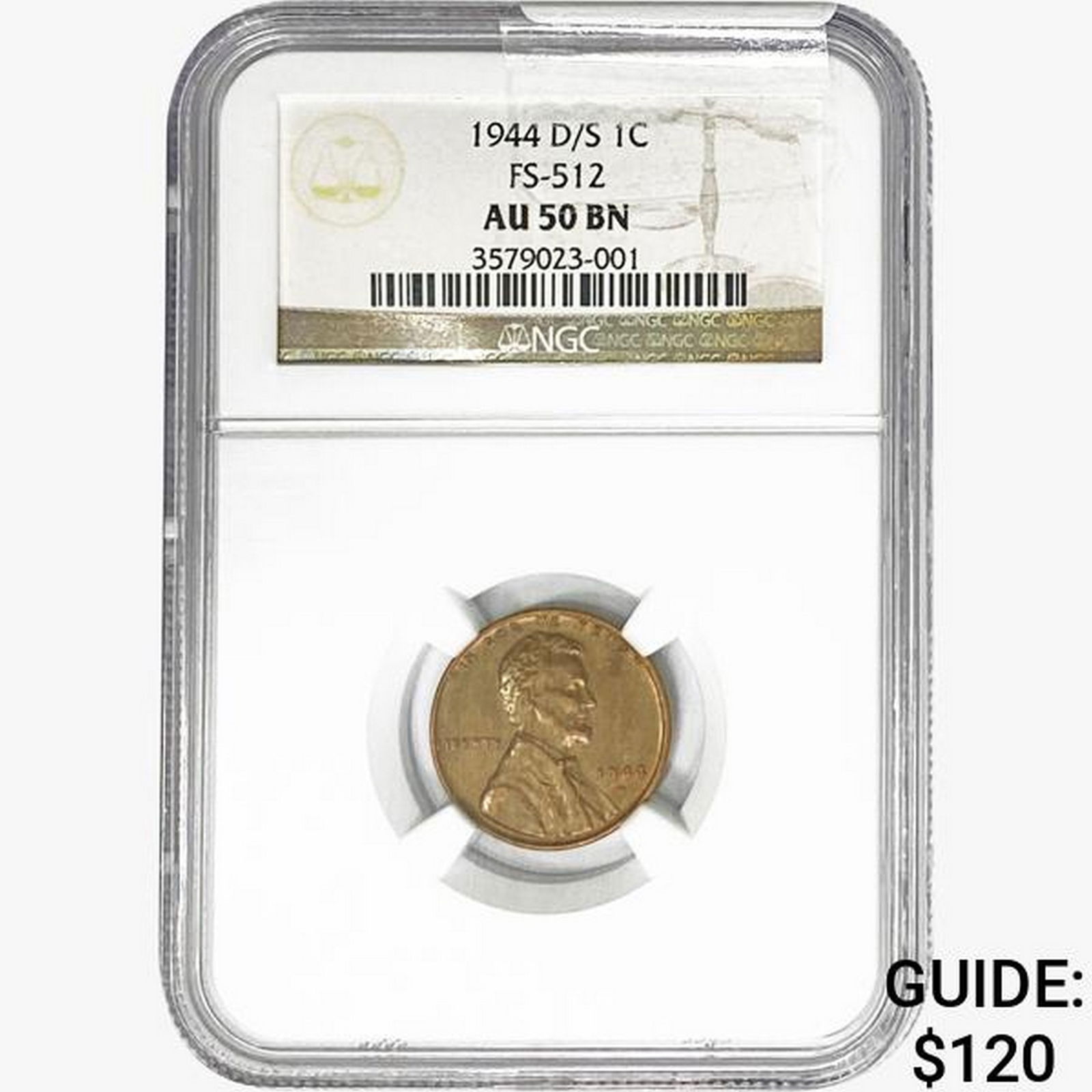 1944 D/S Wheat Cent NGC AU50 BN, FS-512 (1 of 2)