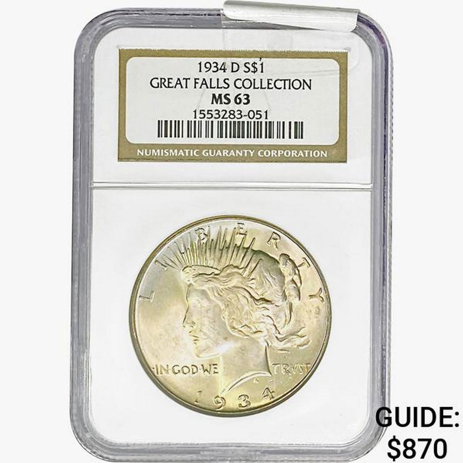 1934-D Silver Peace Dollar NGC MS63 Great Falls Coll. (1 of 2)