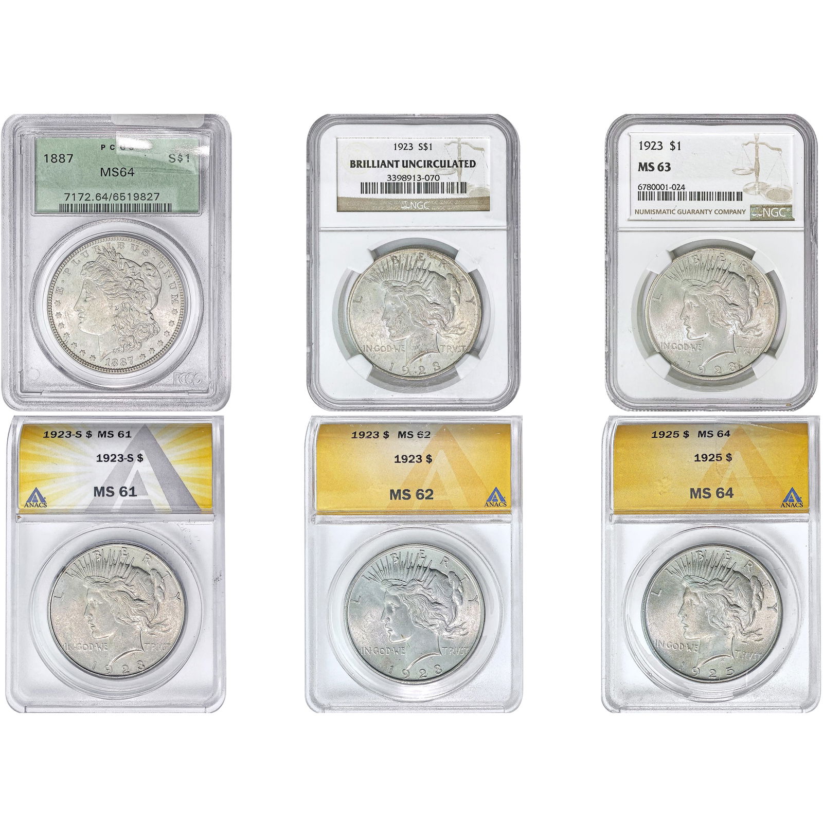 1887-1925 [6] Certified Silver Dollar Lot NGC/ANACS/PCGS (1 of 2)