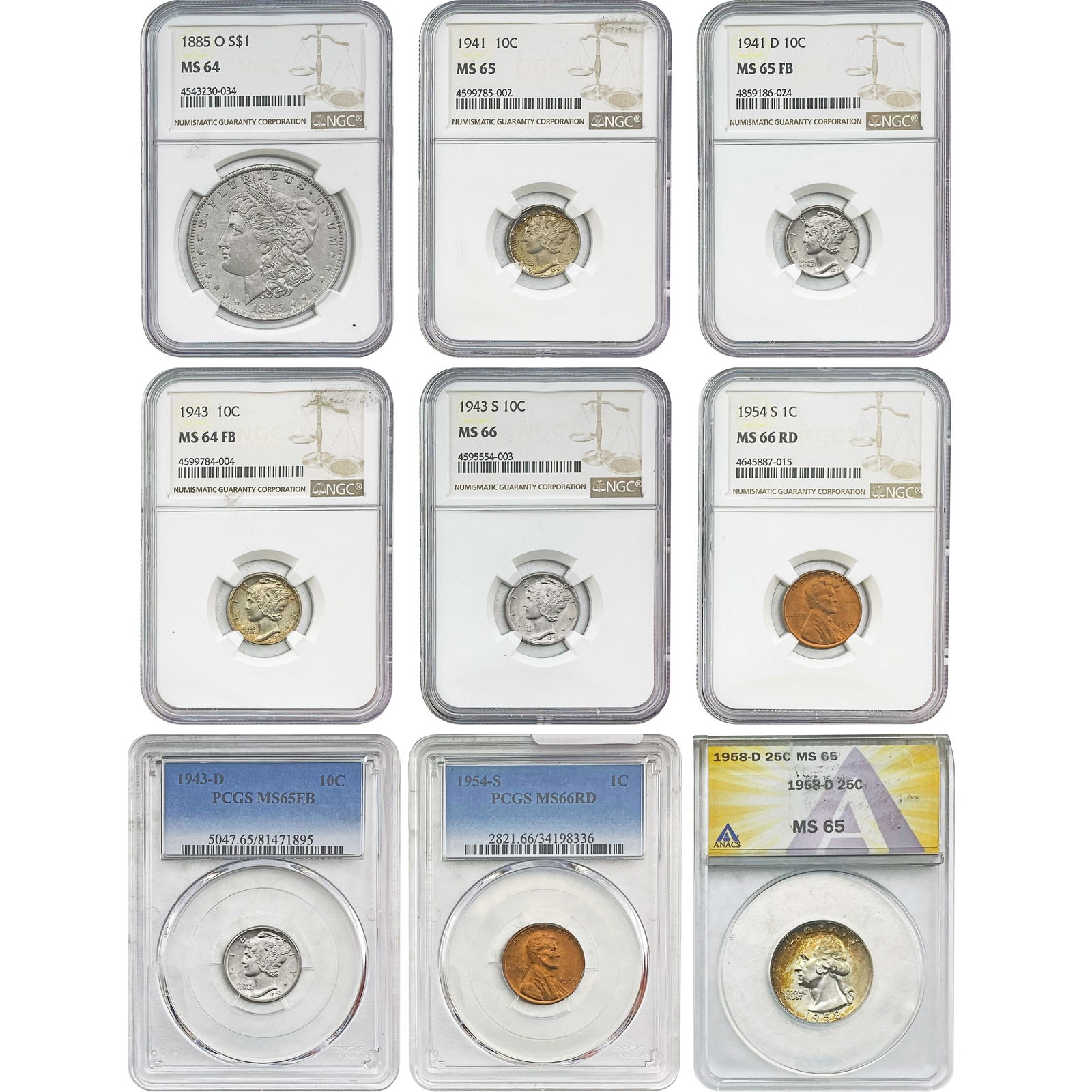 1885-1958 Gem BU Graded US Type Coin Lot [9 Coins] PCGS/NGC/ANACS MS64-66 (1 of 2)