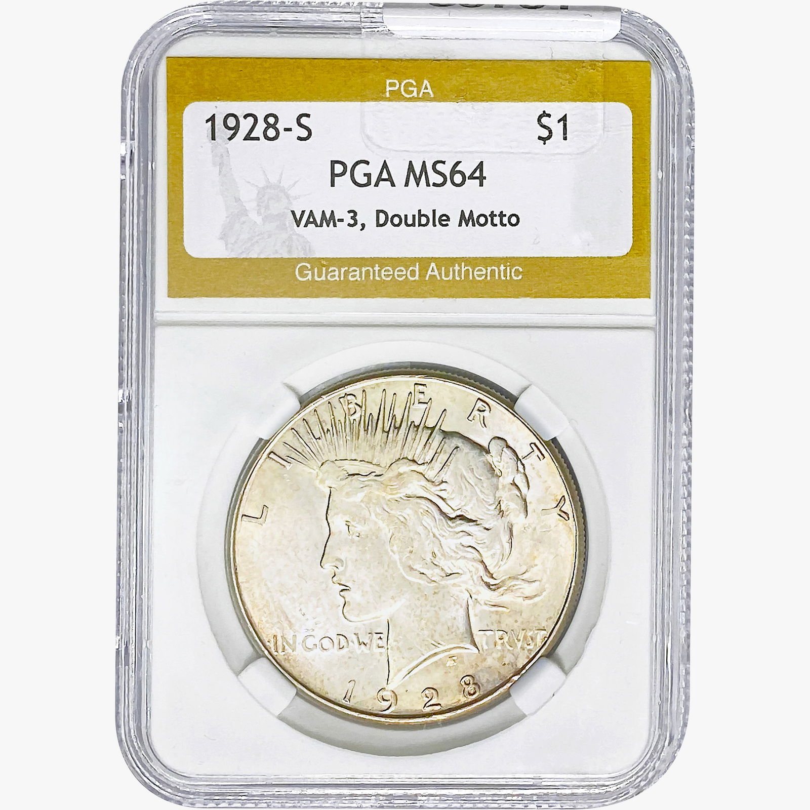 1928-S Silver Peace Dollar PGA MS64 VAM-3, Double Motto (1 of 2)