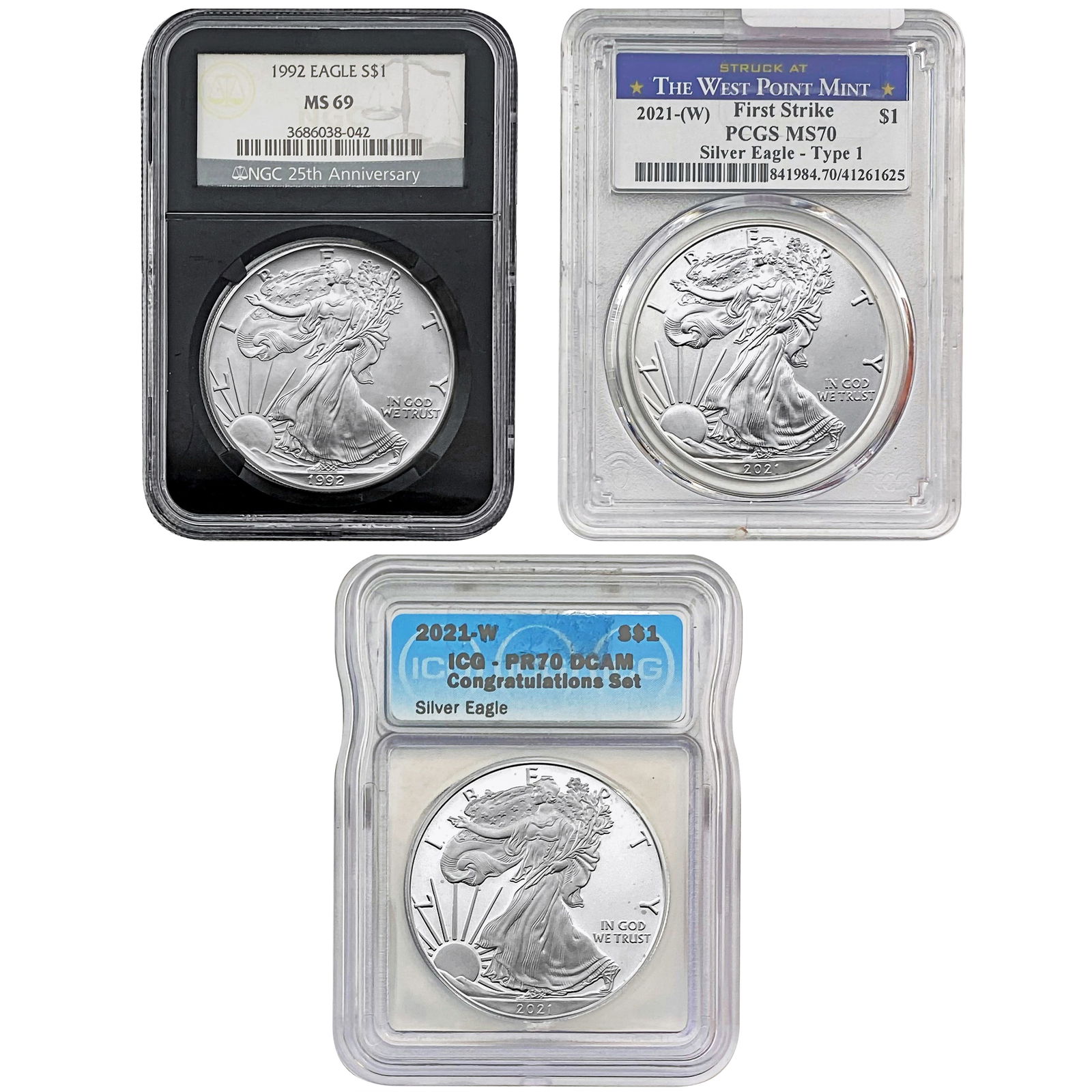 1992-2021 US Silver Eagle Lot [3 Coins] NGC/PCGS/ICG MS/PF69/70 (1 of 7)
