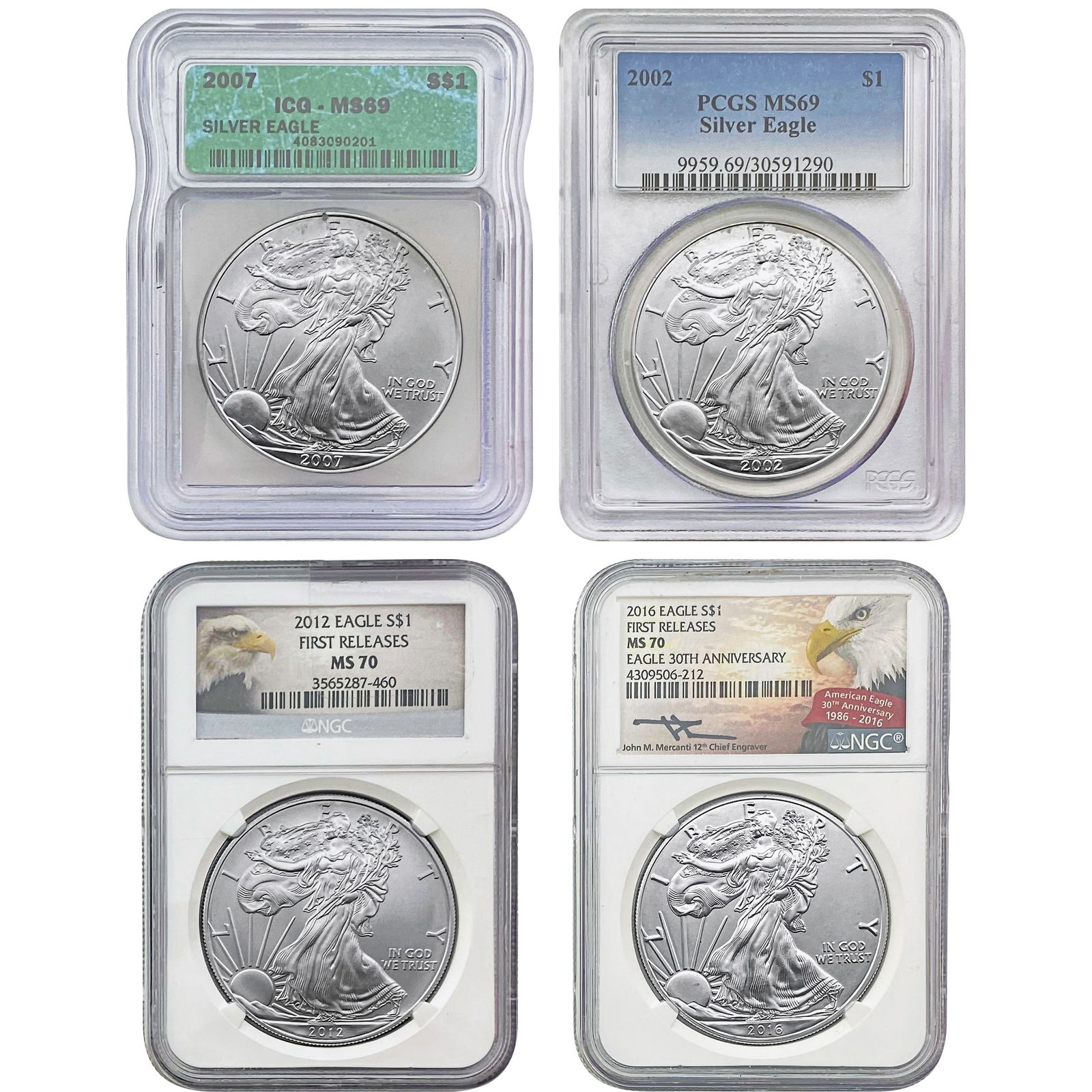 2002-2016 US Silver Eagle Lot [4 Coins] NGC/PCGS/ICG MS69/70 (1 of 9)