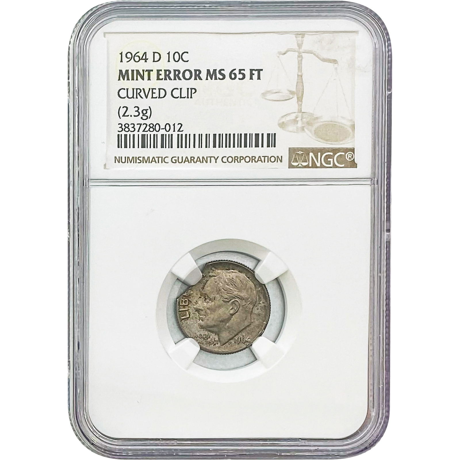 1964-D Roosevelt Dime NGC MS65 FT Mint Error; Curved Clip: 1964-D Roosevelt Dime NGC MS65 FT Mint Error; Curved Clip
