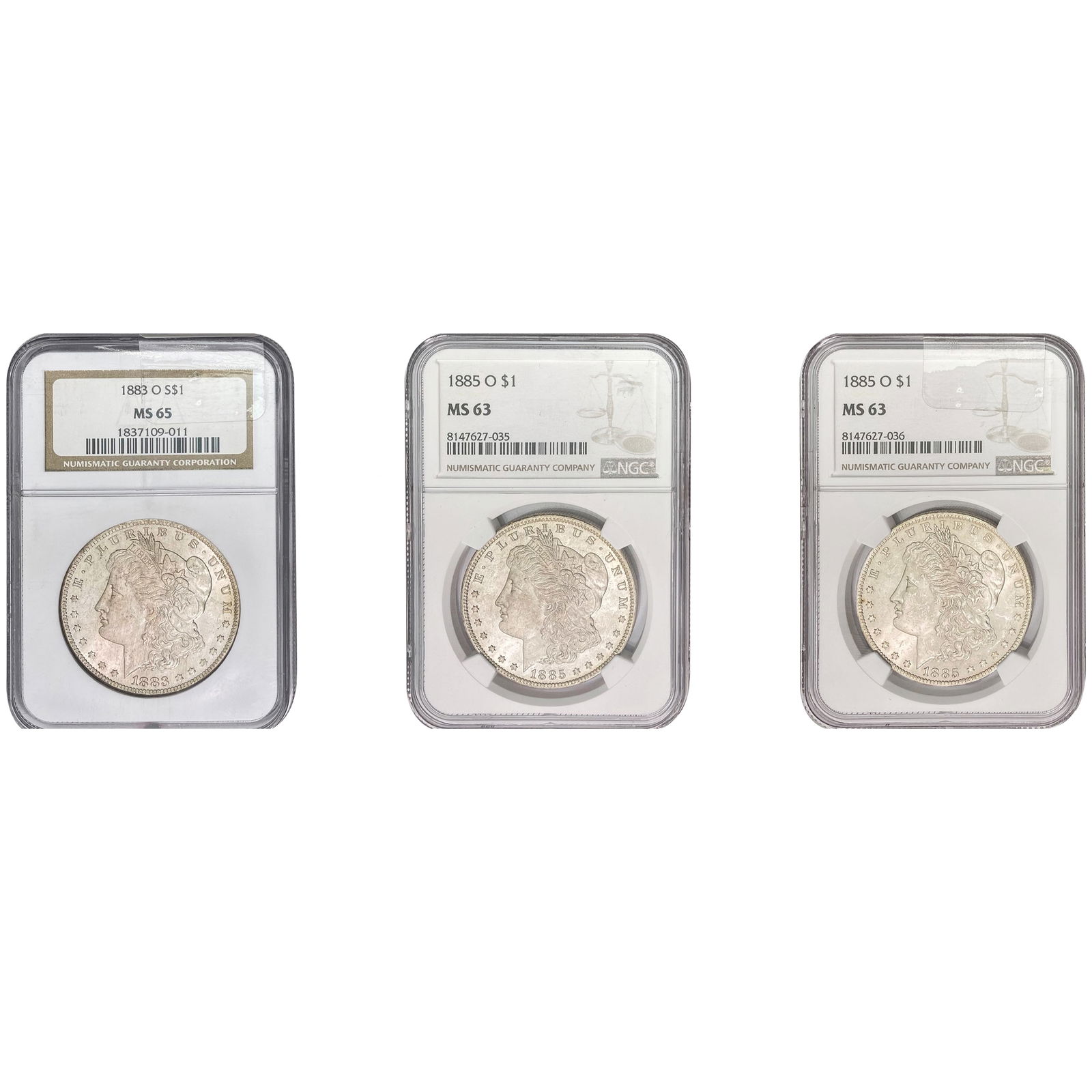 1883-O/1885-O [3] Morgan Silver Dollar NGC MS63-65 (1 of 7)