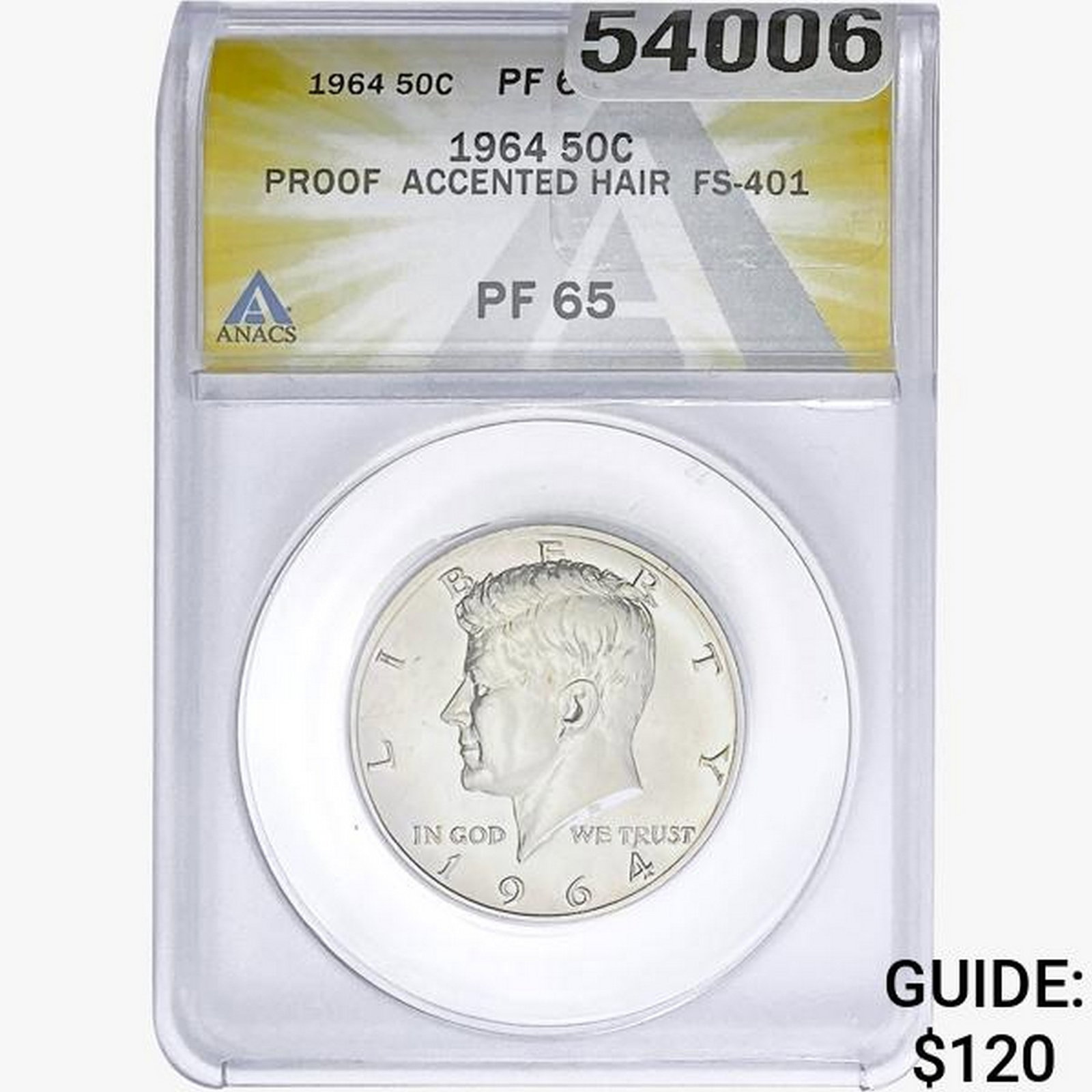 1964 Kennedy Half Dollar ANACS PF65 Accented Hair: 1964 Kennedy Half Dollar ANACS PF65 Accented Hair
