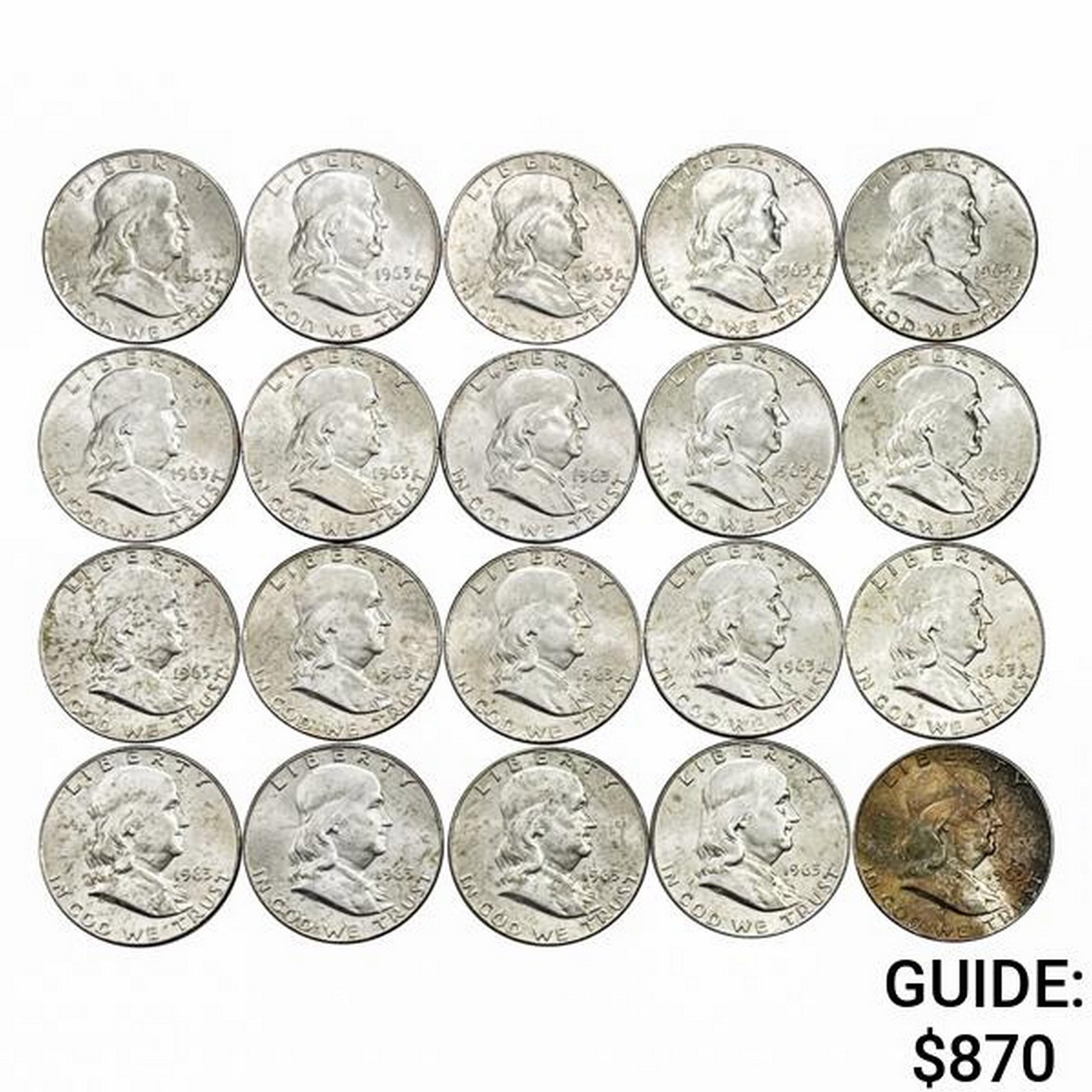1963-D BU Roll of Franklin Half Dollars [20 Coins]: 1963-D BU Roll of Franklin Half Dollars [20 Coins]